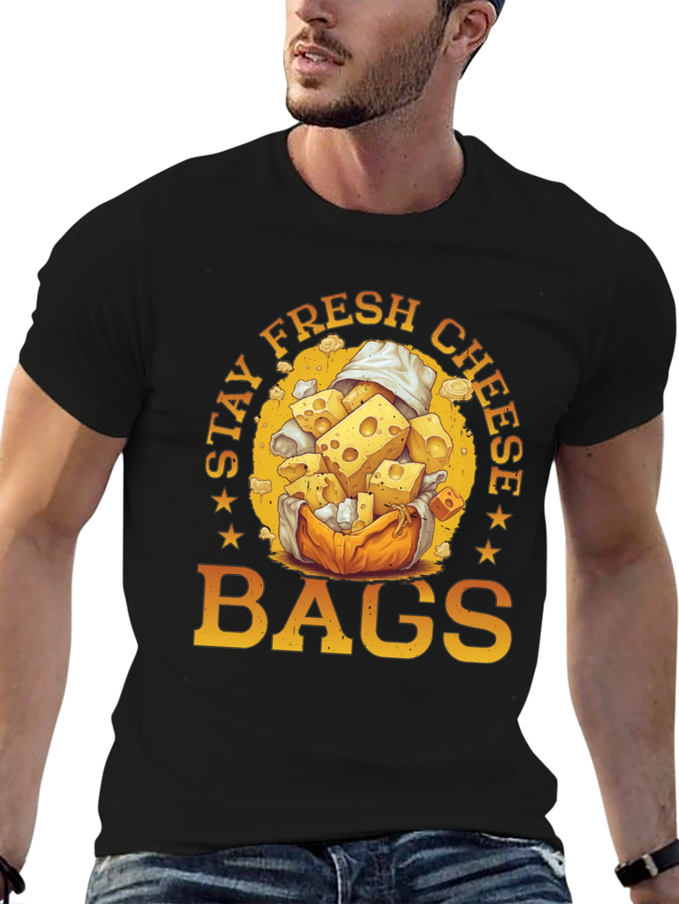 Black Stay Fresh Cheese Bags Graphic T-Shirt view 6