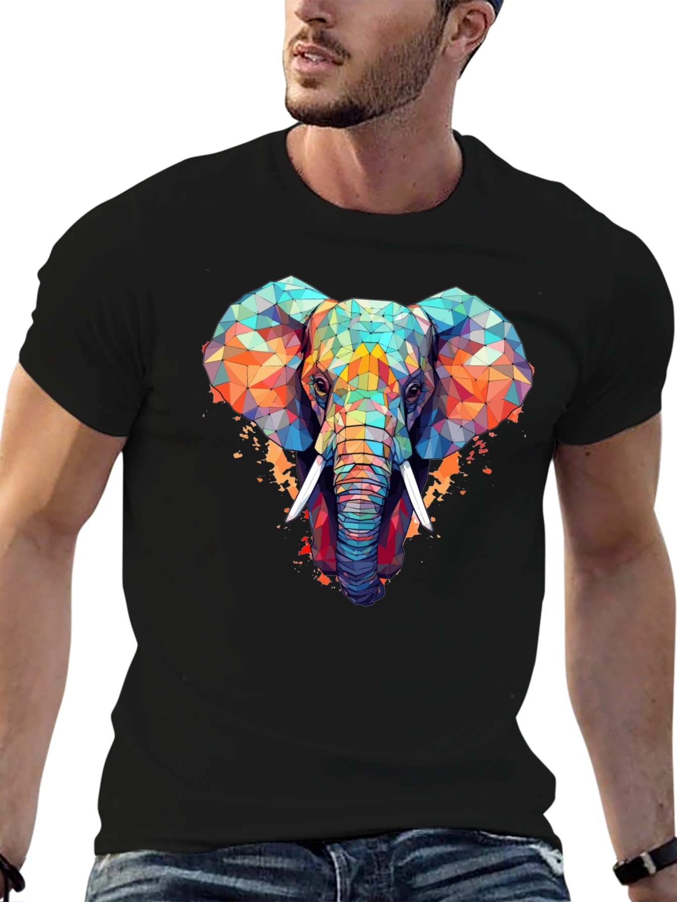 Black Geometric Elephant Graphic Black T-Shirt view 6