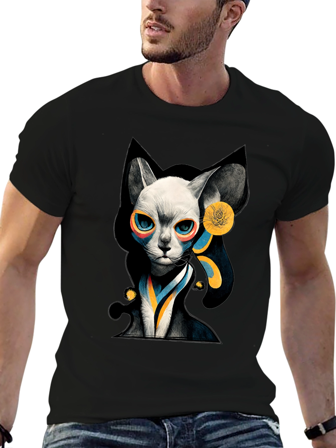 Black Abstract Cat Graphic Black T-Shirt view 6