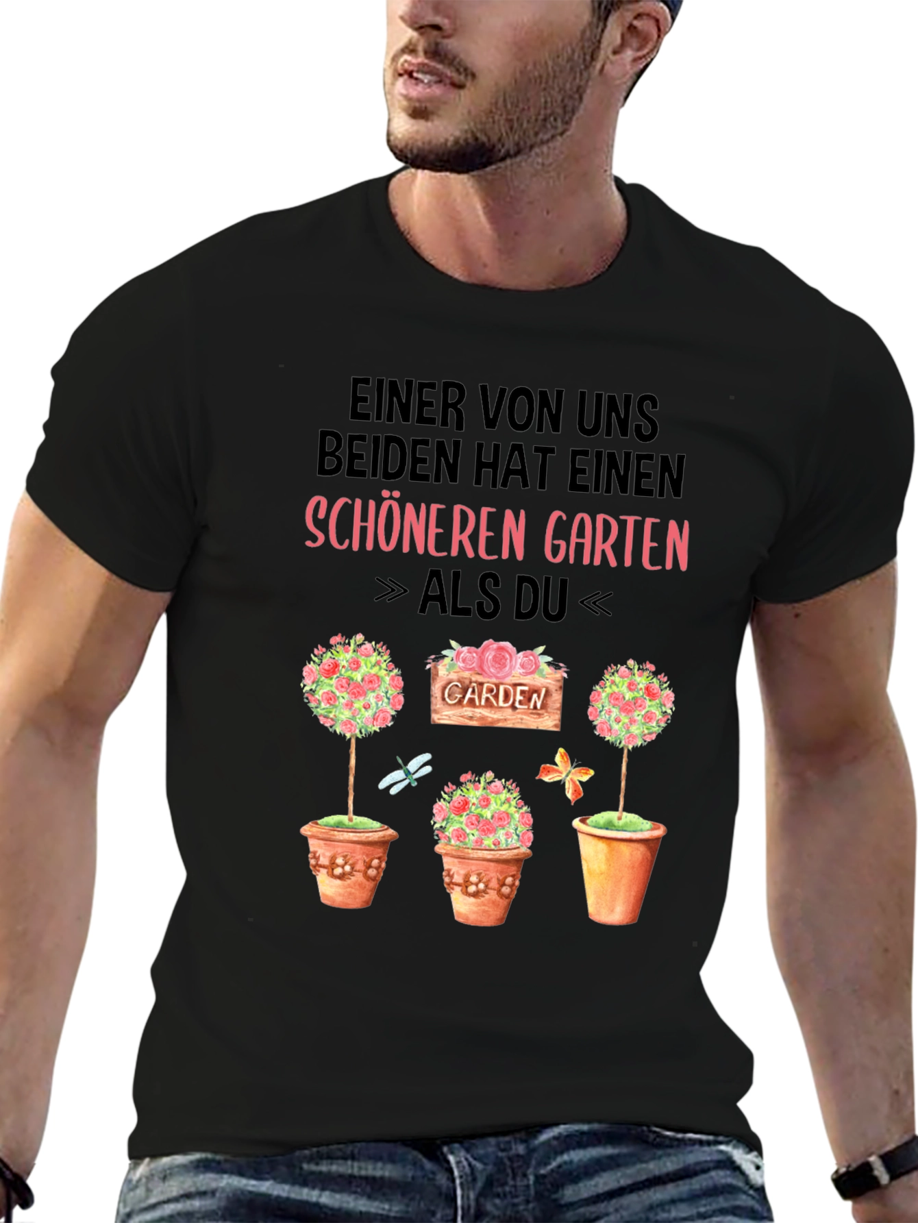 Black Funny Gardener T-Shirt: "Schöneren Garten" Design view 6