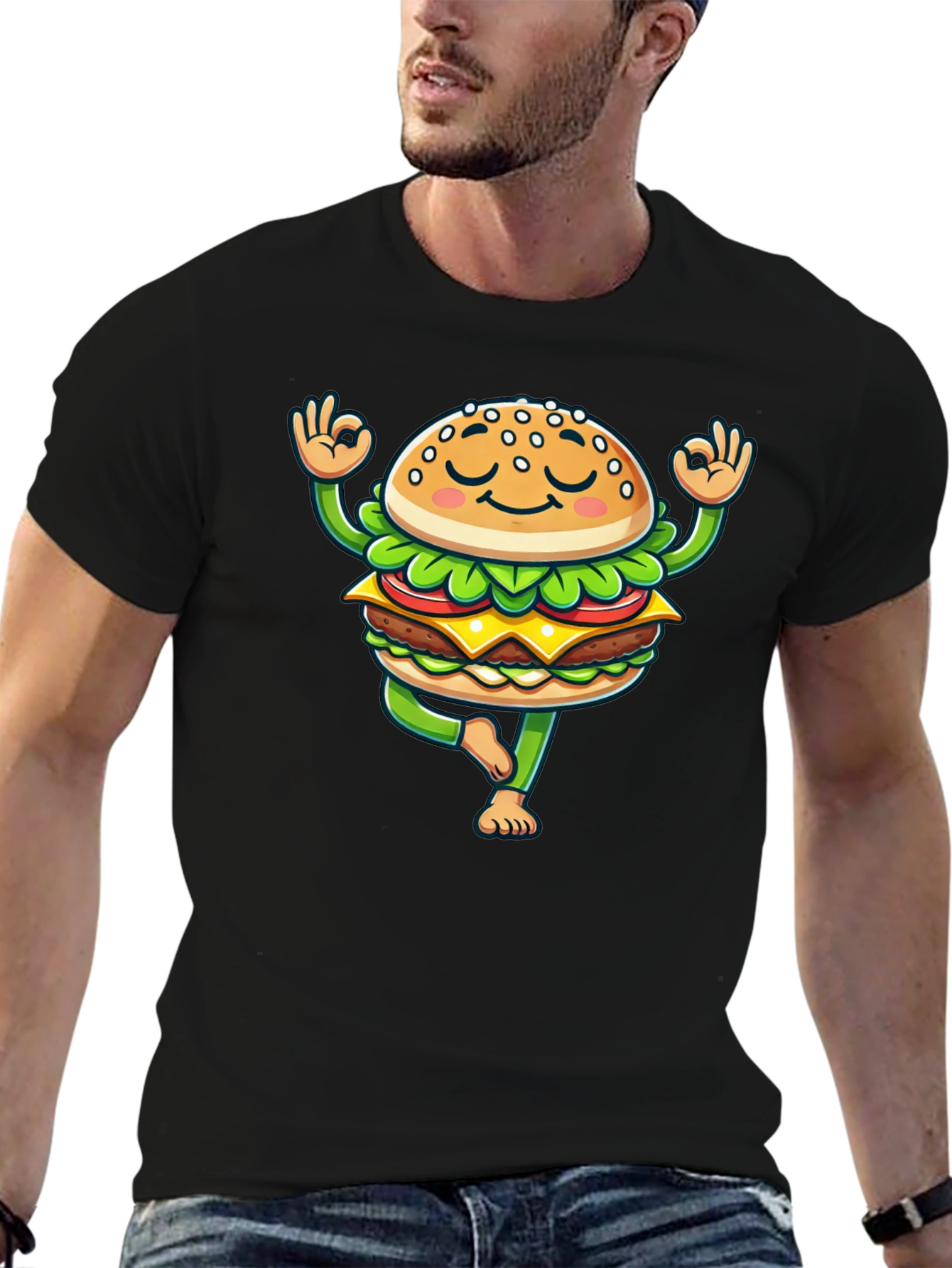 Black Yoga Burger T-Shirt - Meditating Fast Food Tee view 6