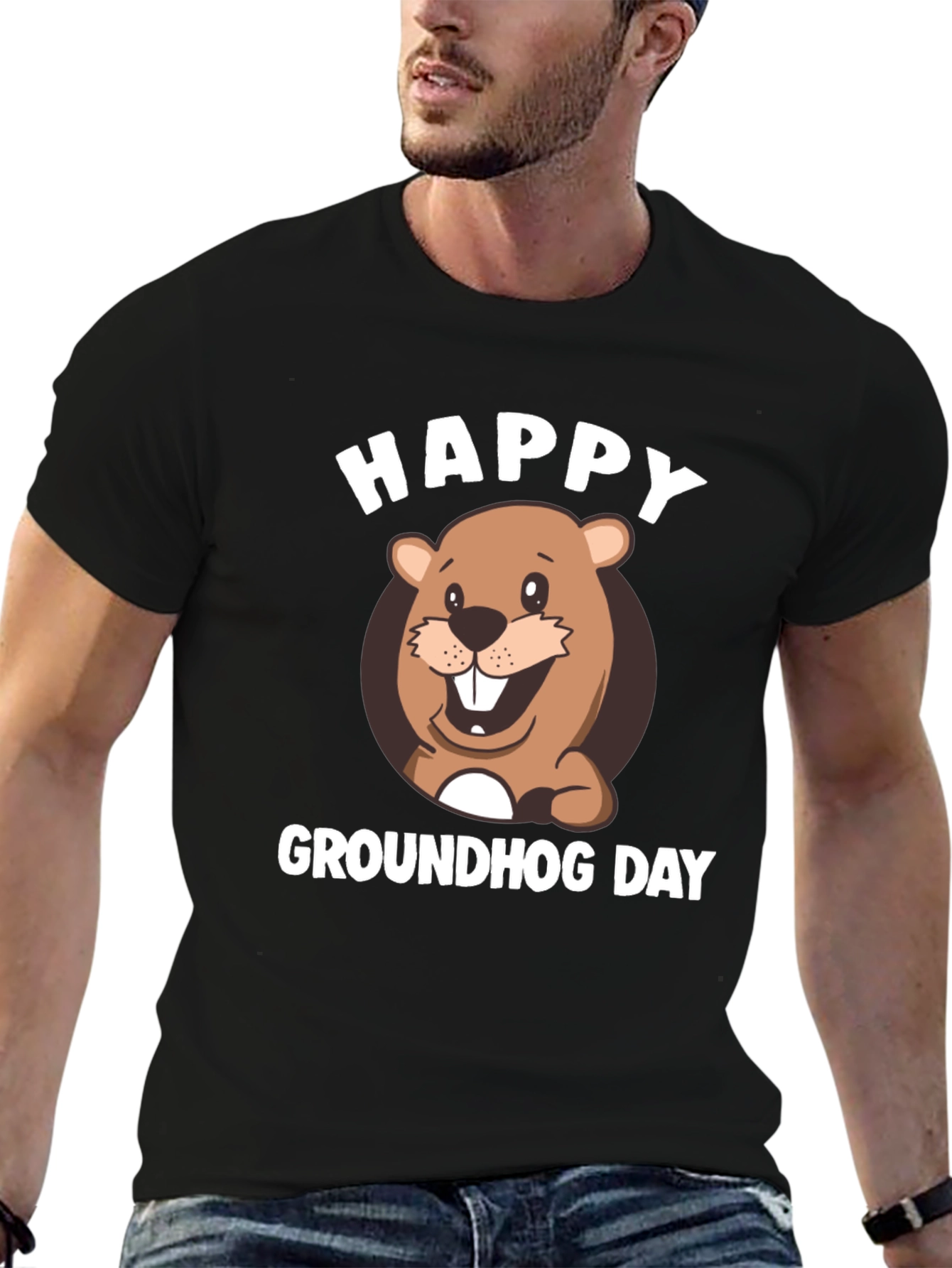 Black Happy Groundhog Day T-Shirt view 6