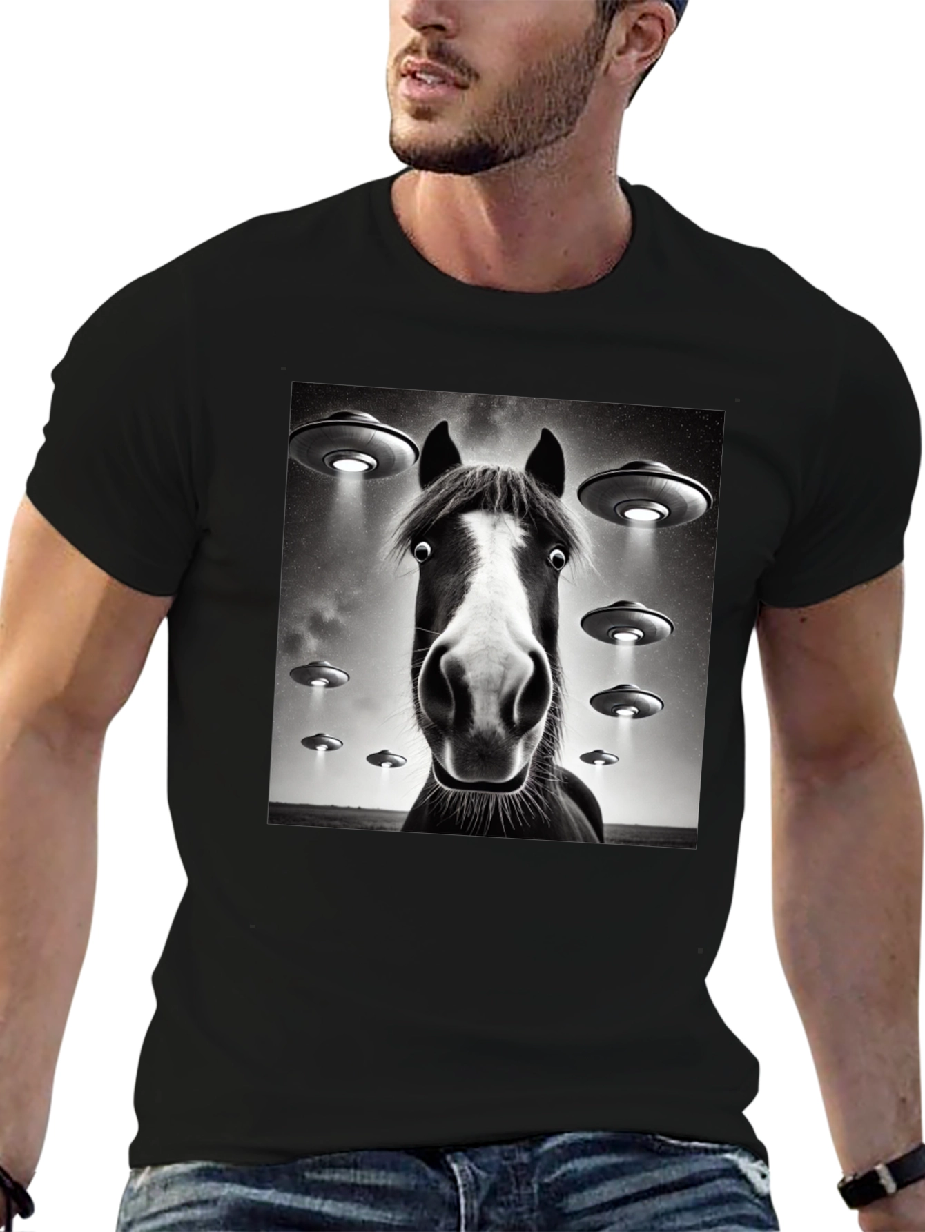Black Horse UFO T-Shirt - Funny Graphic Tee view 6