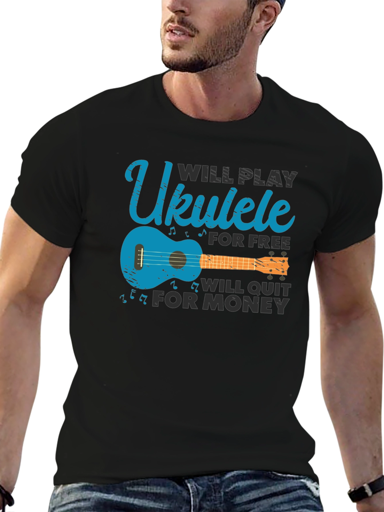Black Ukulele Player T-Shirt - Funny Musical Instrument Tee view 6