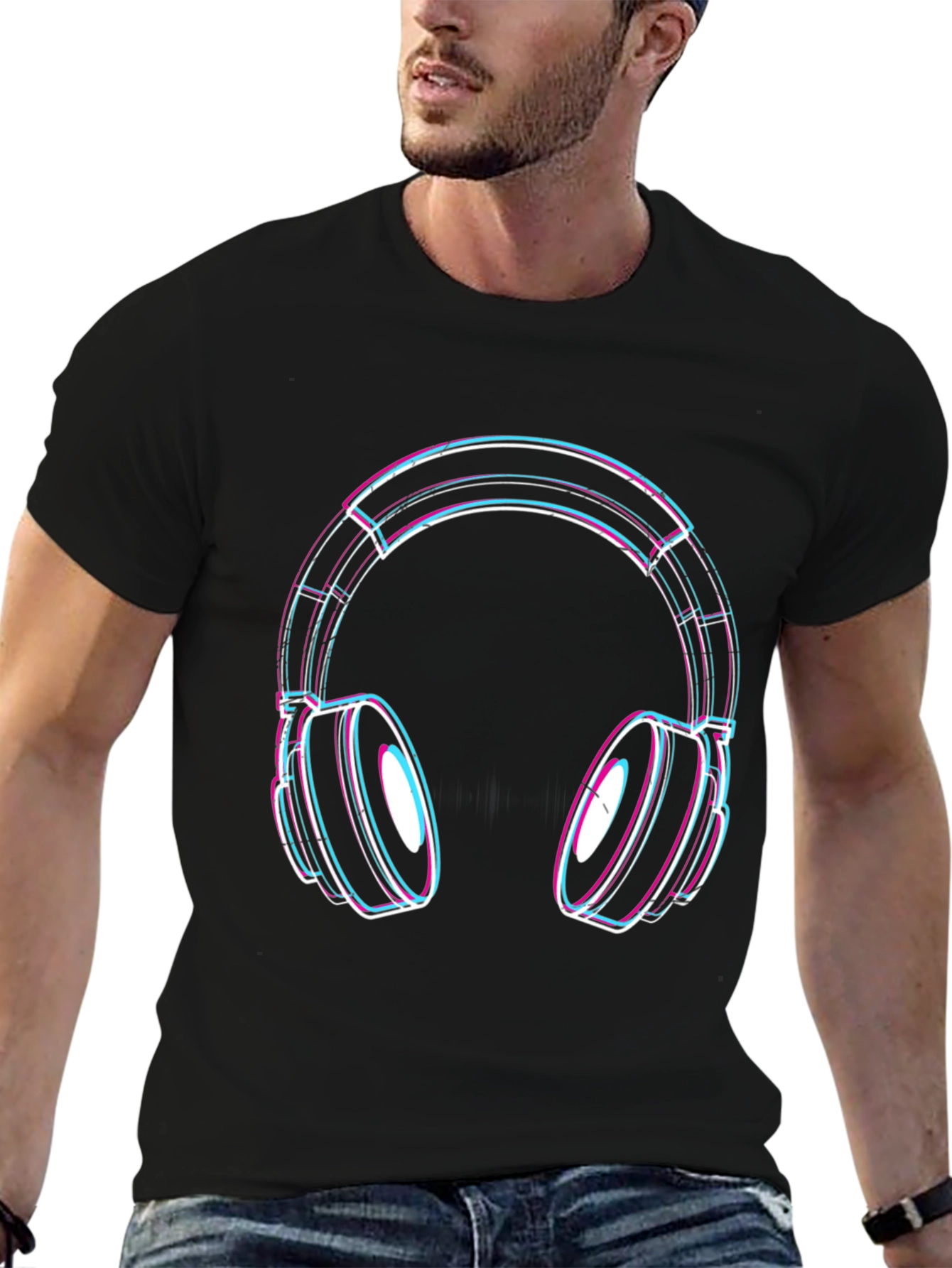 Black Vaporwave Headphones Graphic Tee - Black Cotton Blend view 6