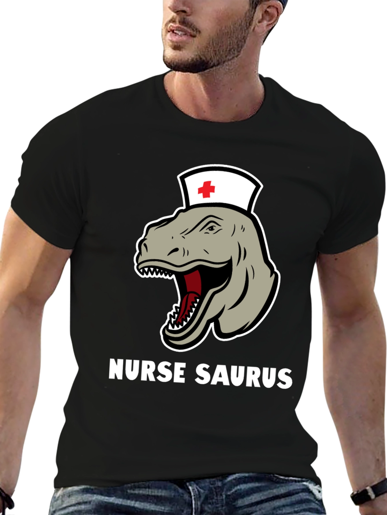 Black Nurse Saurus T-Shirt - Funny Dinosaur RN Tee view 6