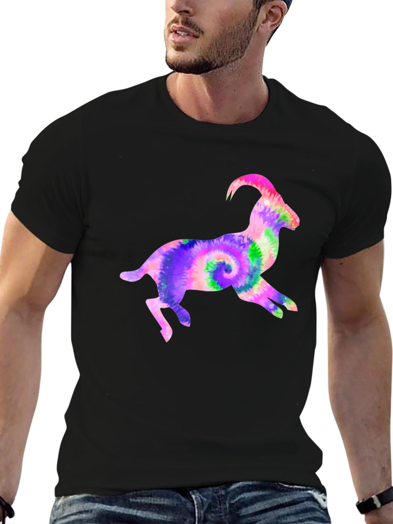 Black Tie-Dye Goat Graphic Tee - Fun Animal T-Shirt view 6