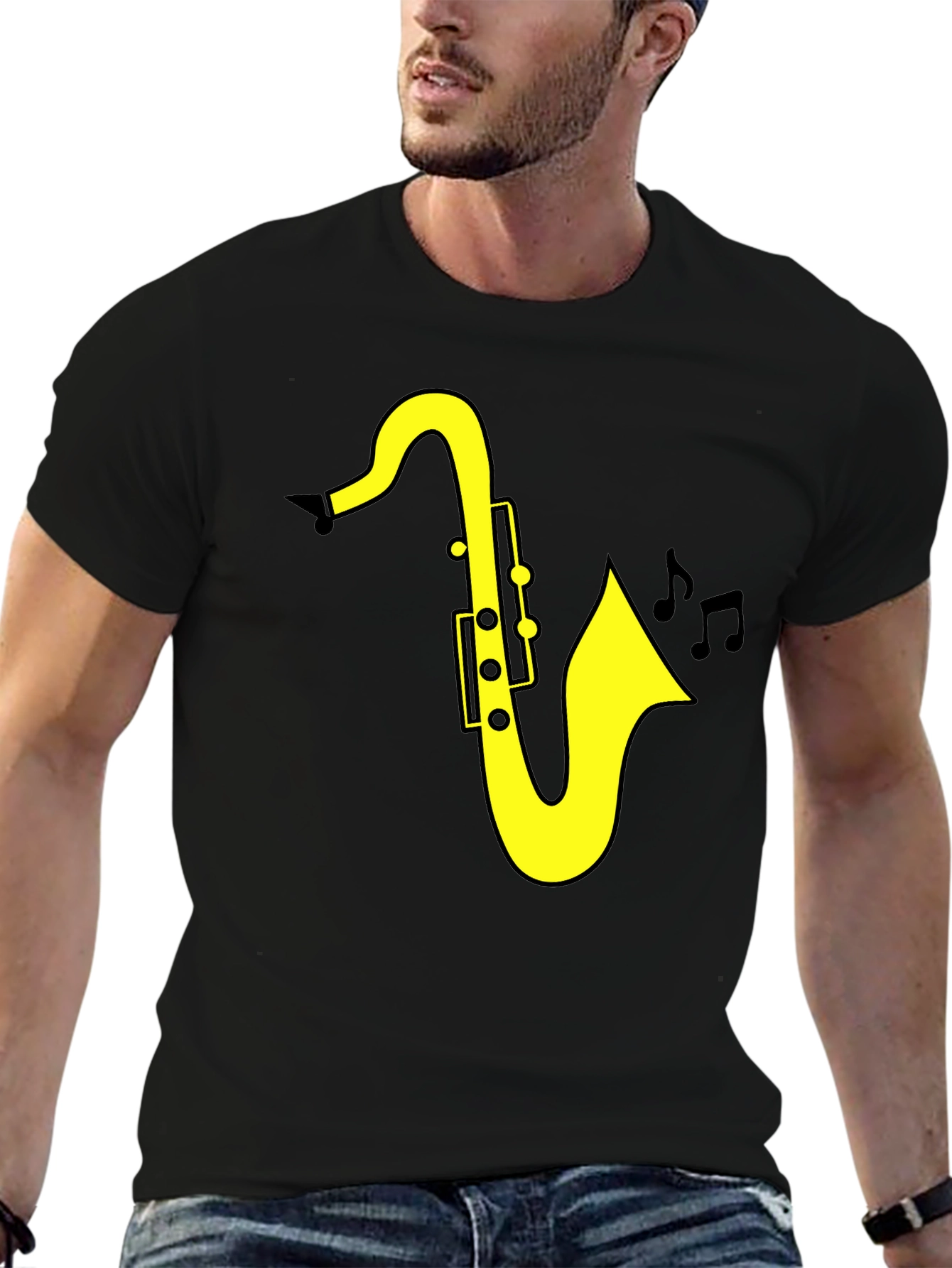 Black Saxophone Music T-Shirt - Black Cotton Tee for Musicians view 6