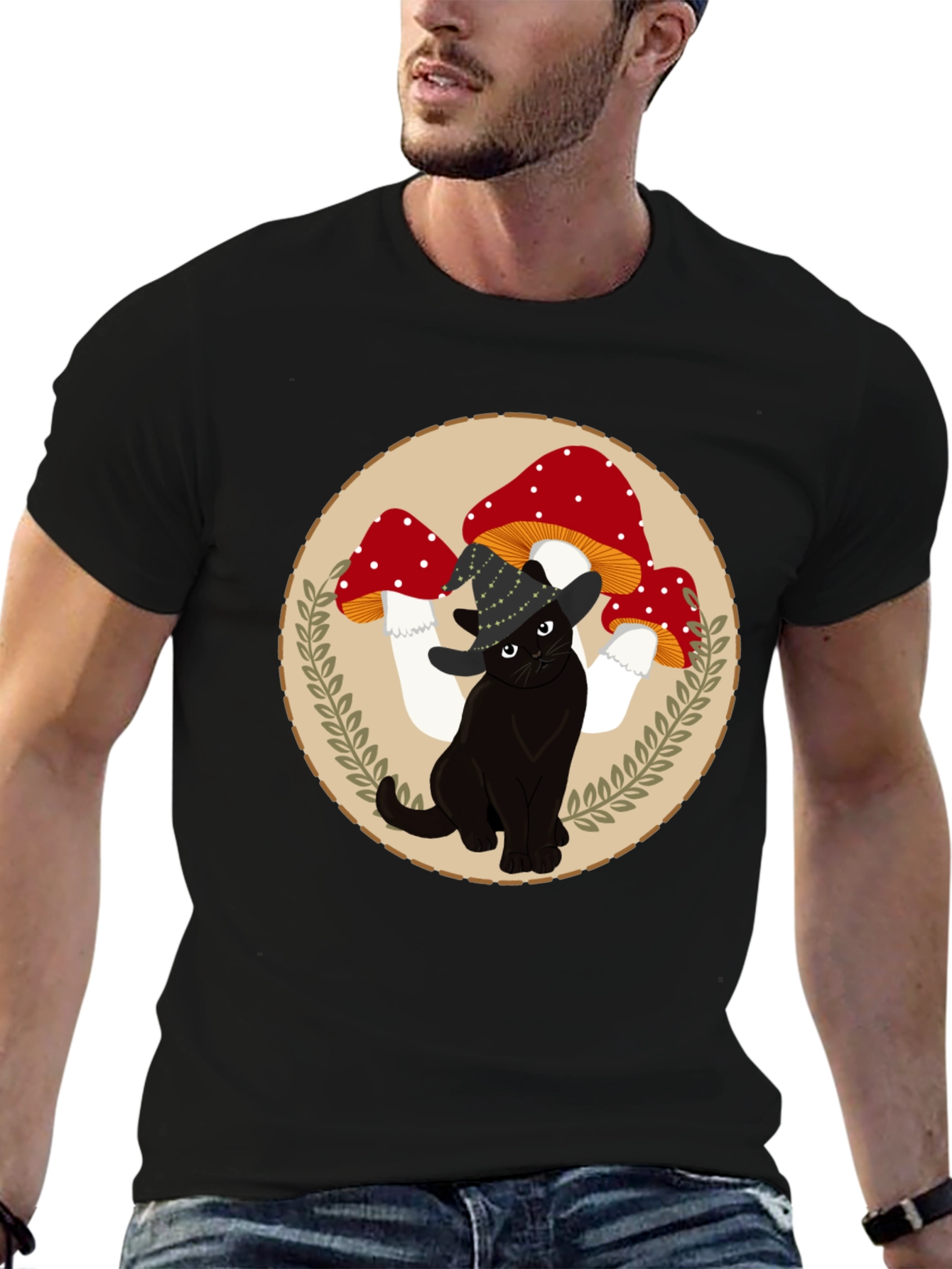 Black Black Cat & Mushroom T-Shirt - Whimsical Graphic Tee view 6
