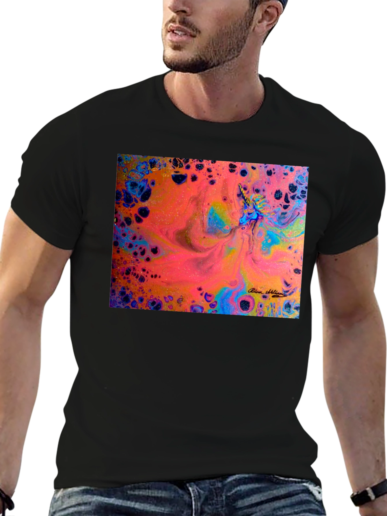 Black Abstract Fluid Art T-Shirt - Vivid Colors view 6