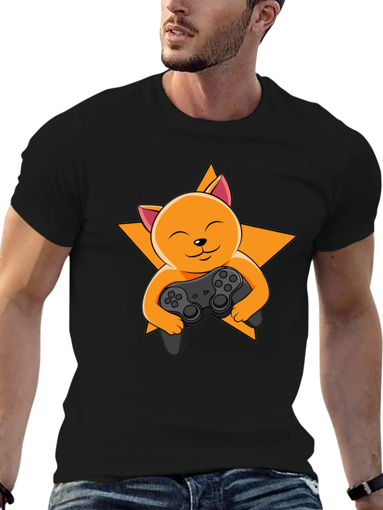 Black Gamer Cat T-Shirt - Black Cotton Tee view 6
