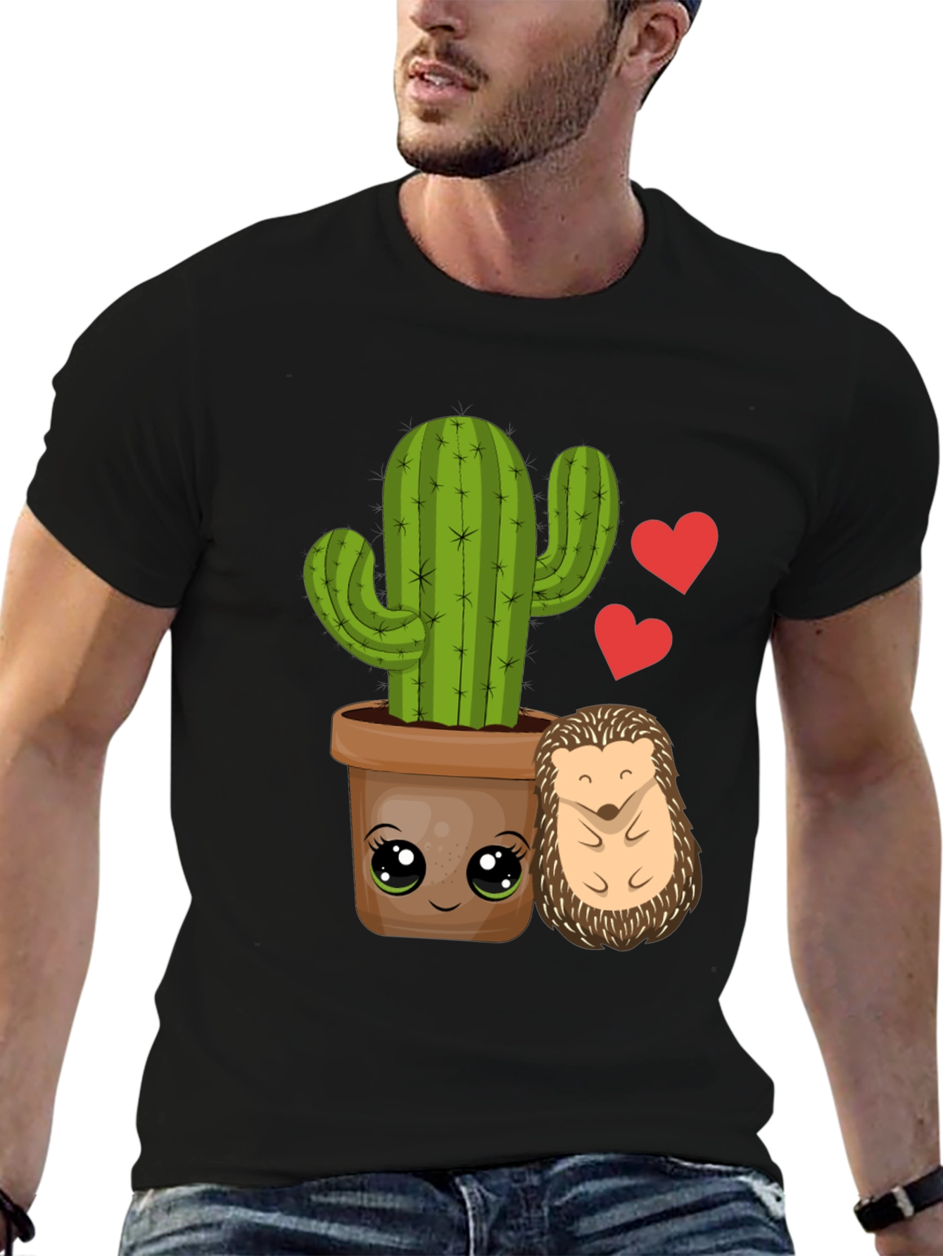 Black Cute Cactus & Hedgehog T-Shirt view 6