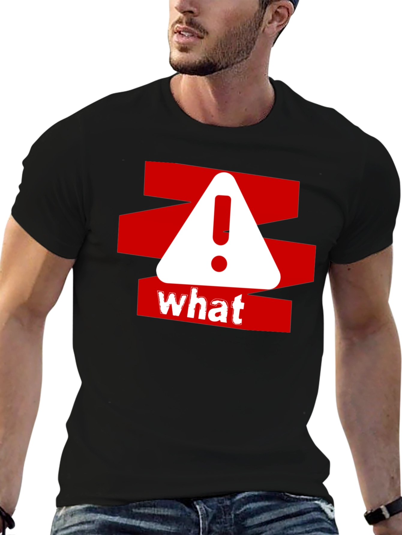 Black What? Graphic Tee - Red and White Warning Design on Black Cotton Shirt view 6