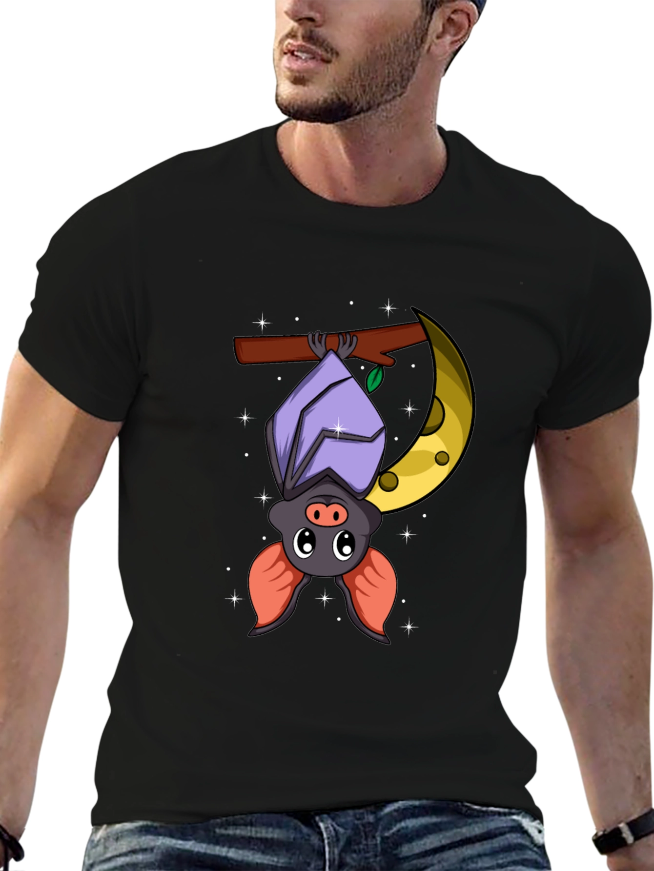 Black Cute Bat on Moon Graphic Tee - Black Cotton T-Shirt view 6