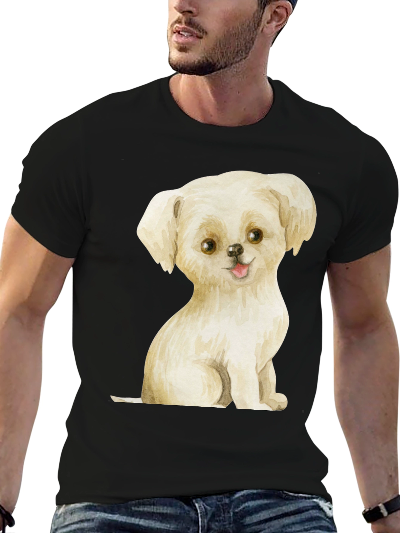 Black Cute Puppy Graphic Tee - Unisex Black T-Shirt view 6