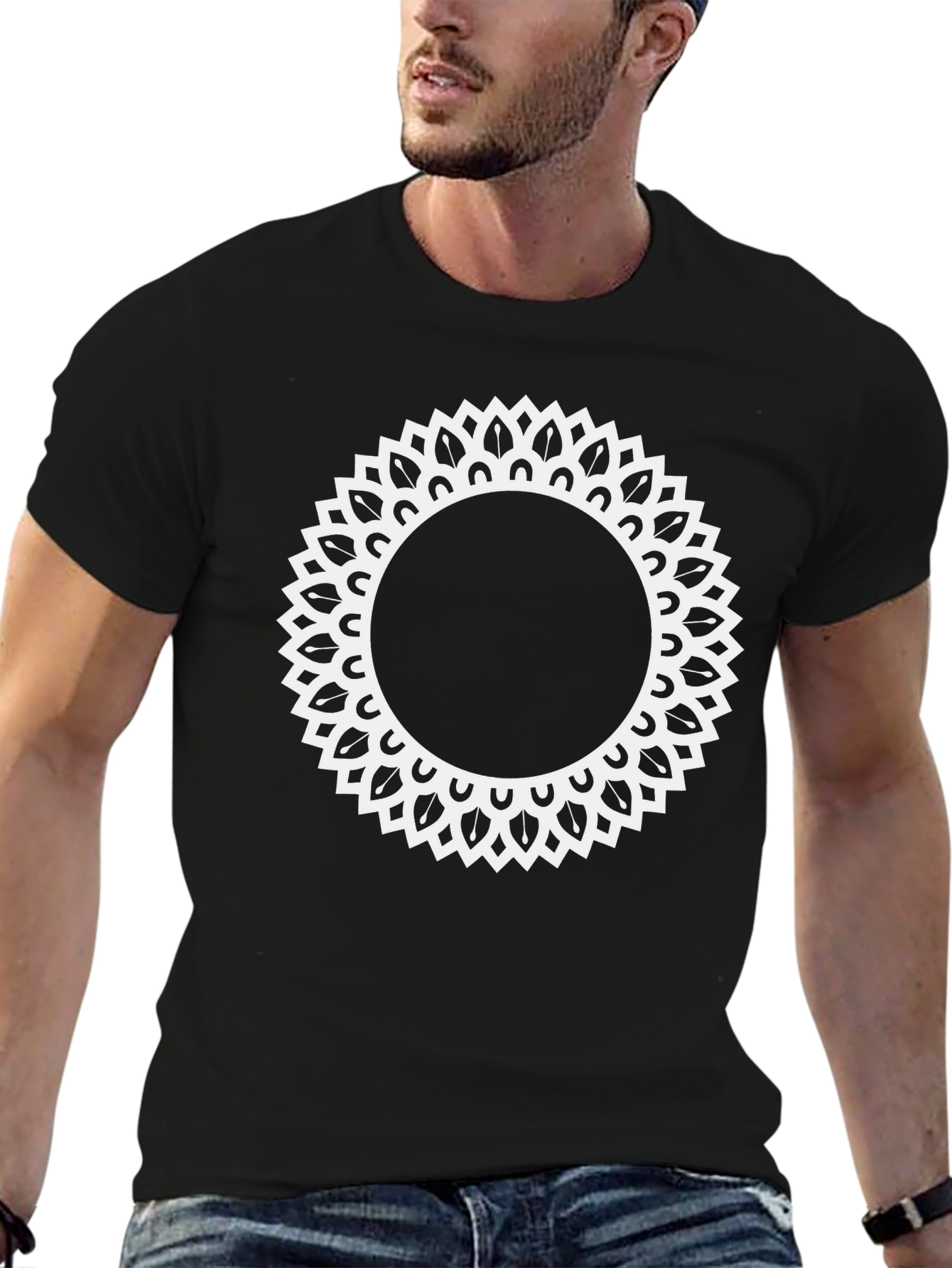 Black Black Tee with Ornamental Sun Mandala Design view 6