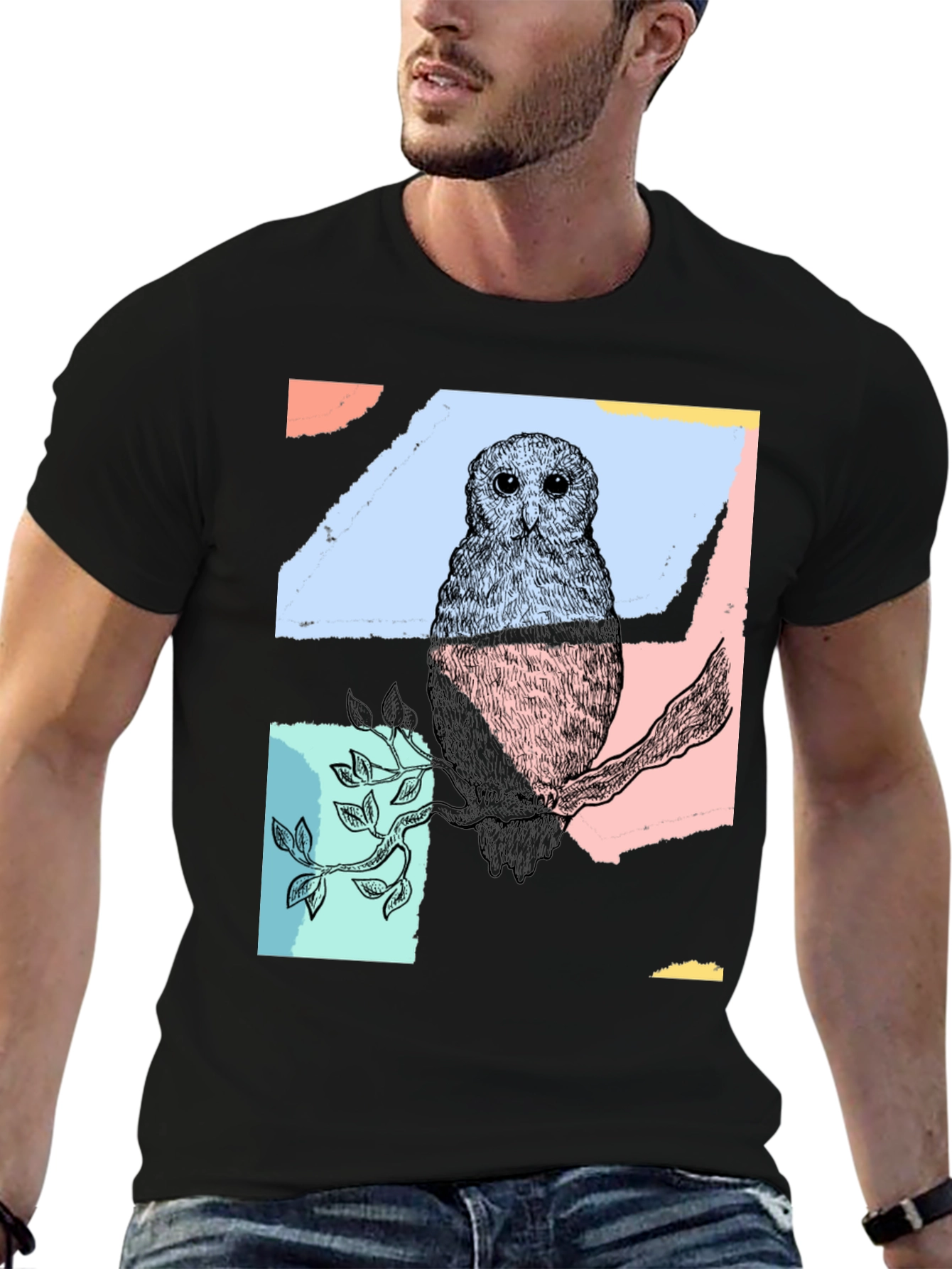 Black Abstract Owl Print Black T-Shirt view 6