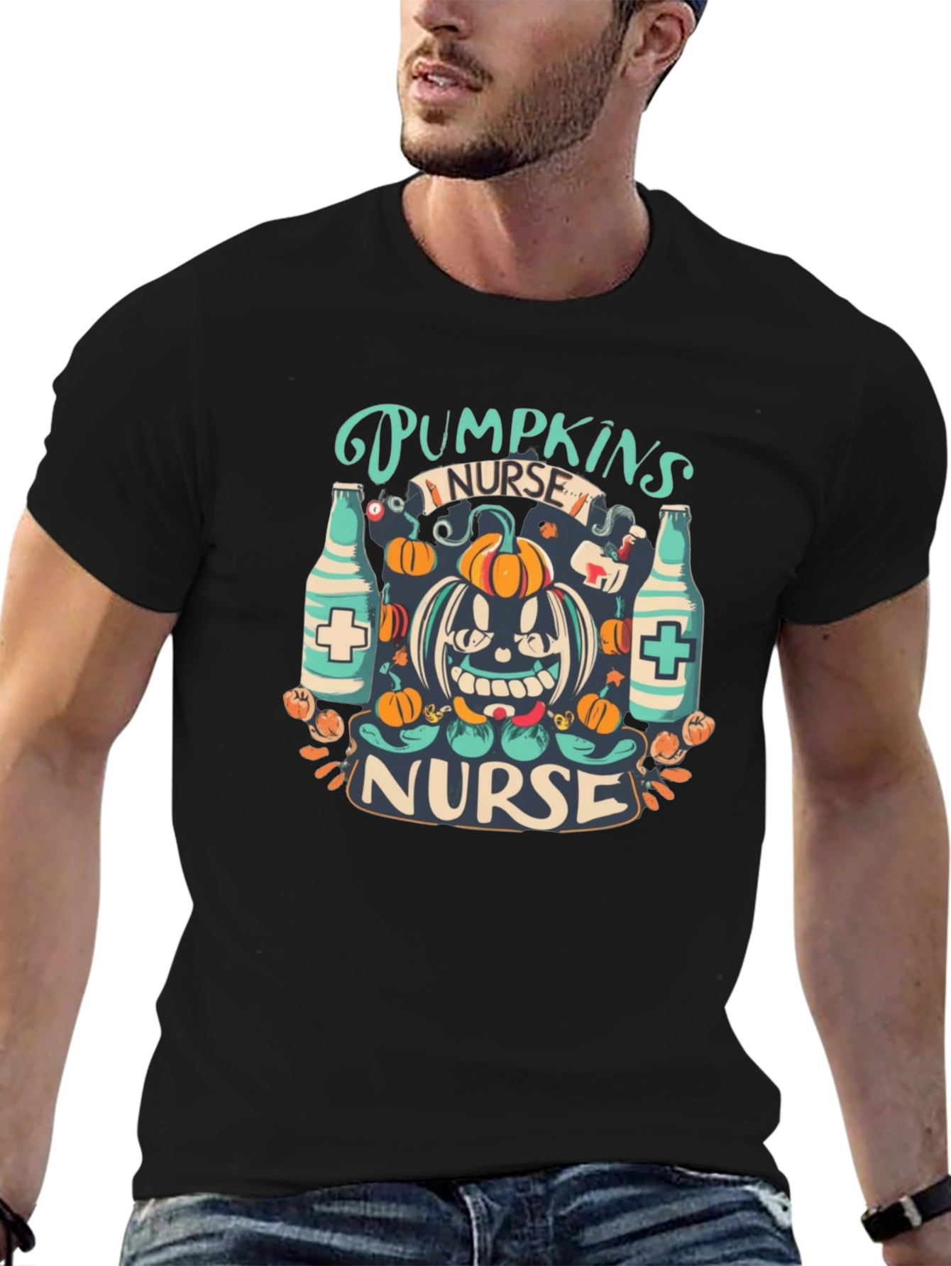 Black Halloween Nurse Pumpkin T-Shirt view 6