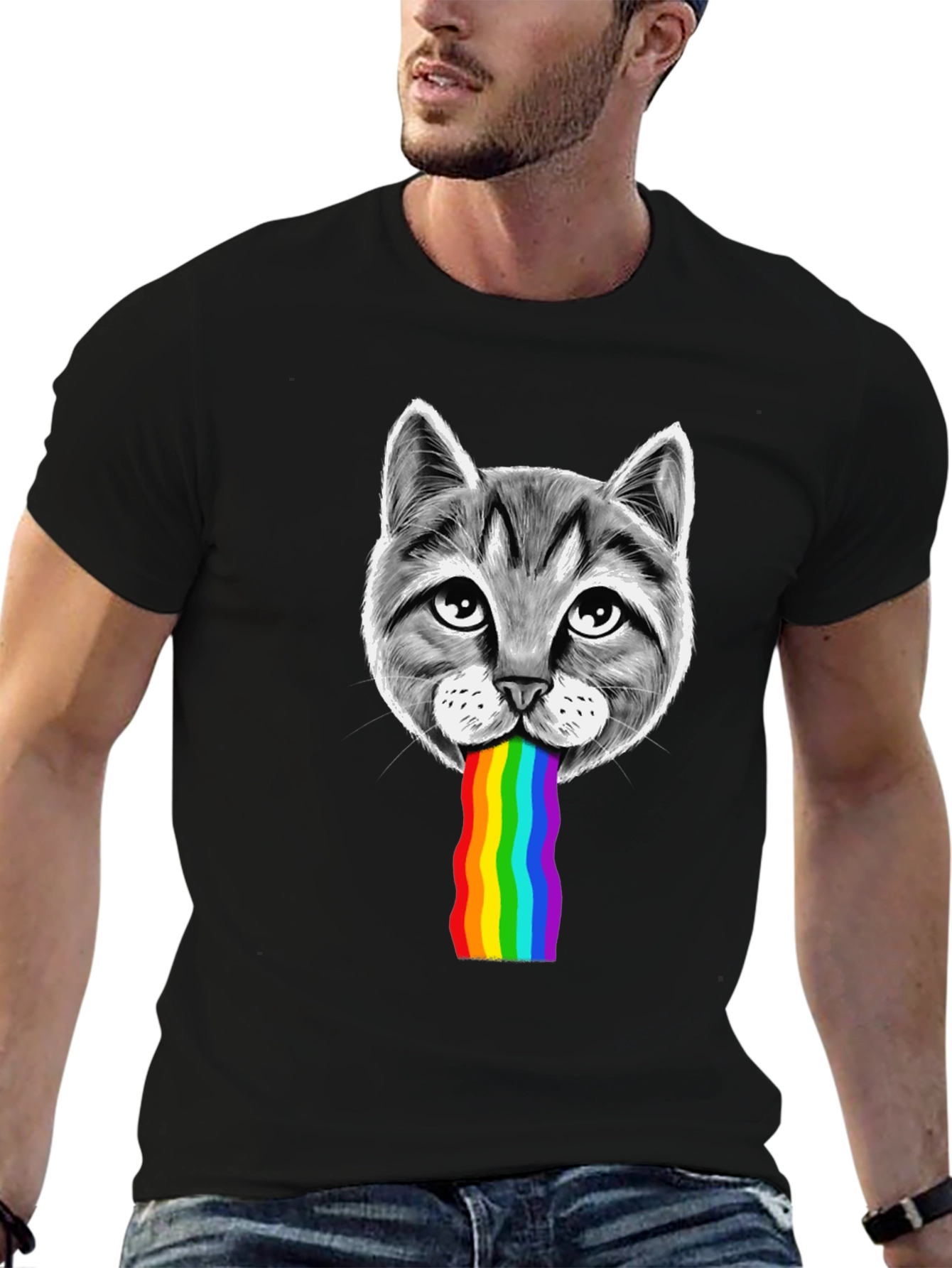 Black Cat Rainbow Puke Graphic T-Shirt view 6