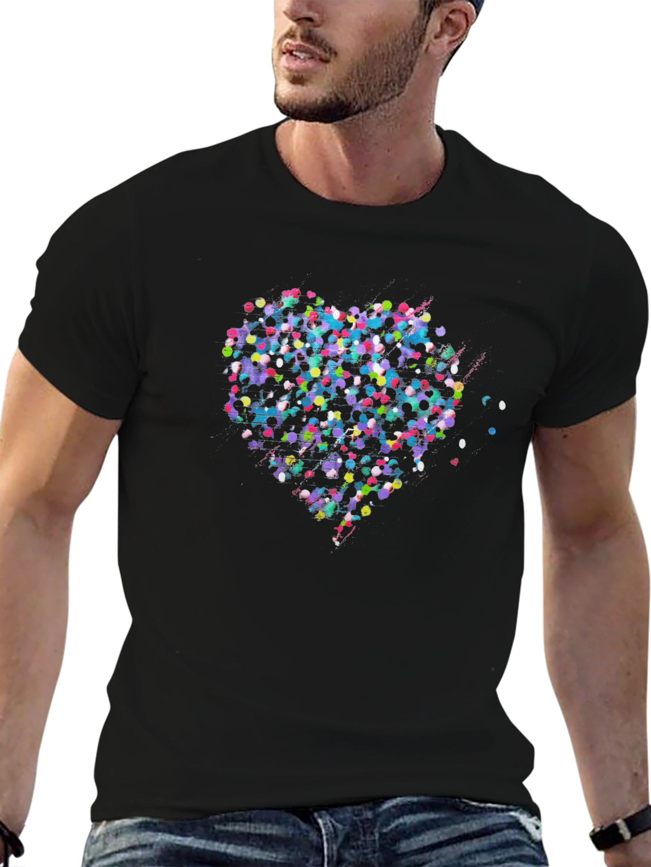 Black Colorful Heart Graphic Black T-Shirt view 6