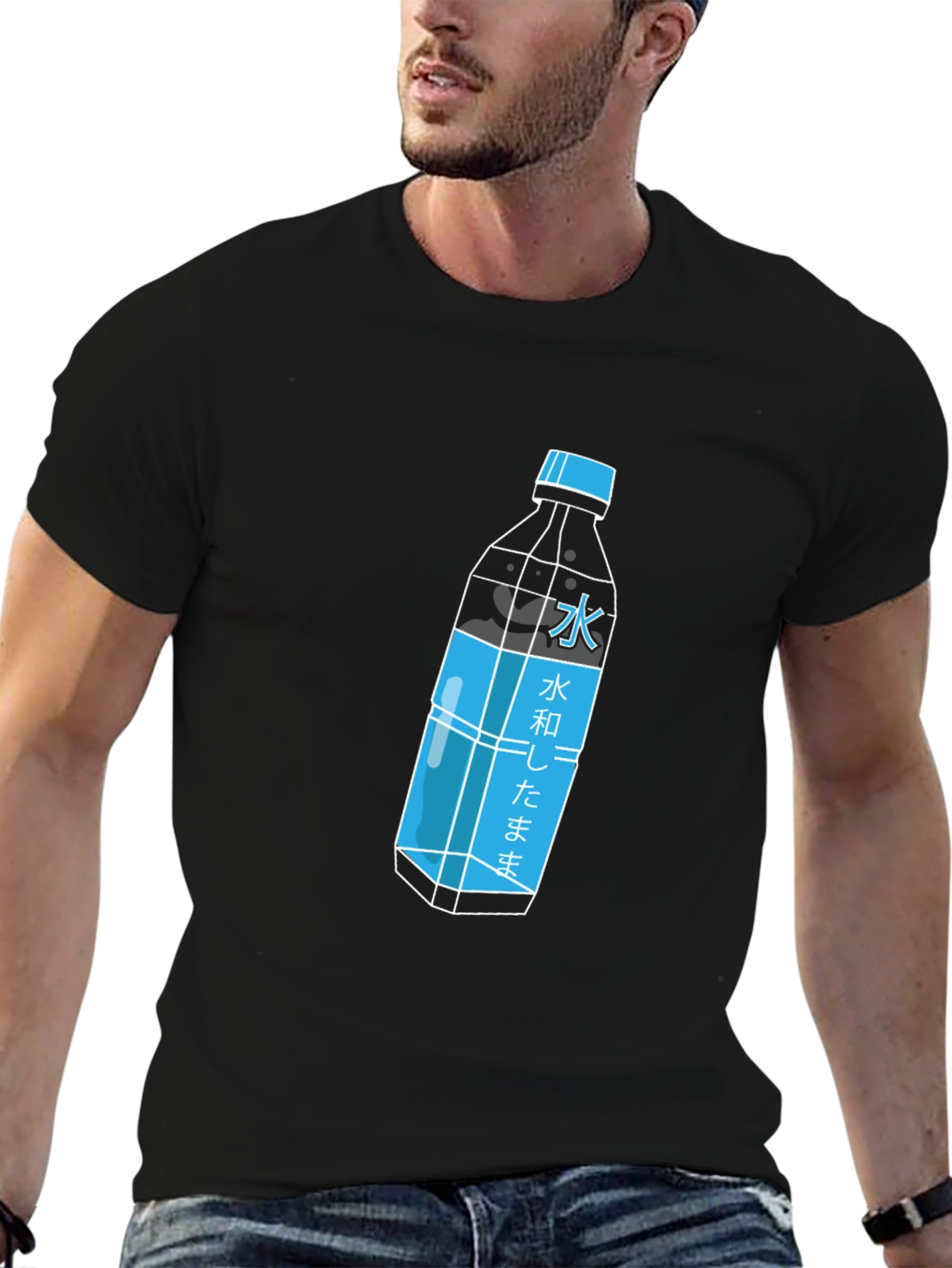 Black Cool Graphic Tee - Japanese Water Bottle Print view 6