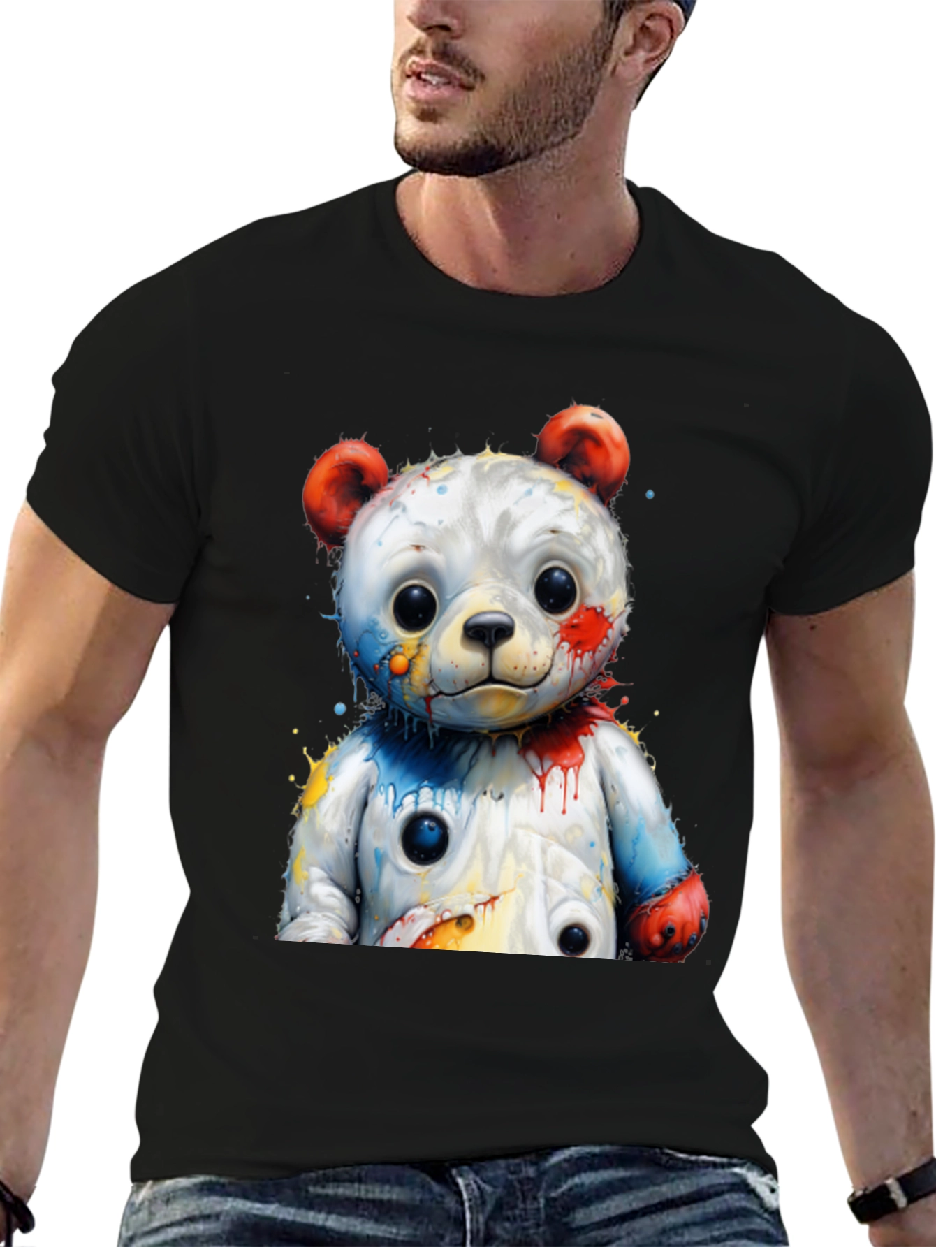 Black Watercolor Bear Graphic Tee - Black Cotton Blend view 6