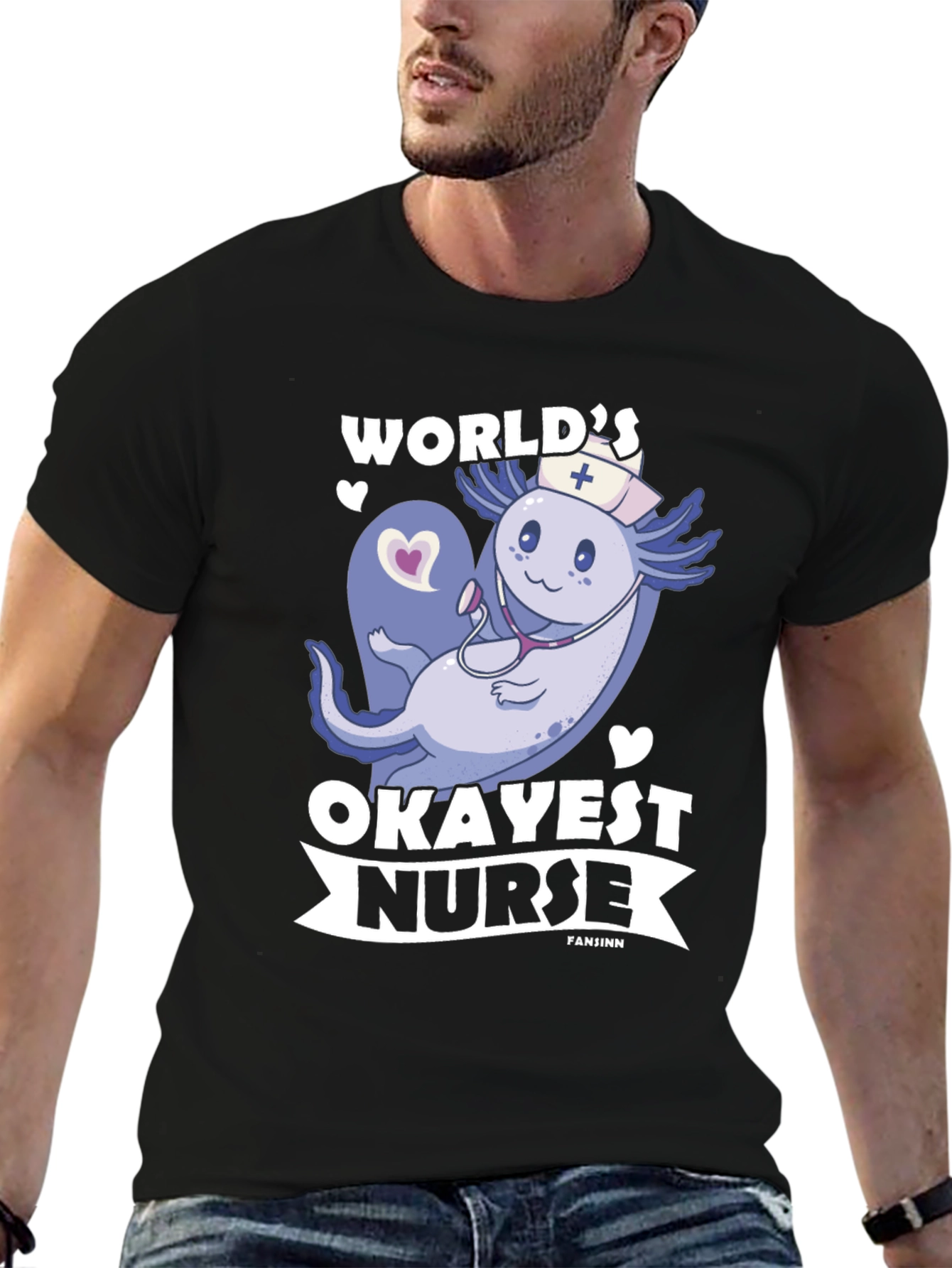 Black World's Okayest Nurse Axolotl T-Shirt view 6