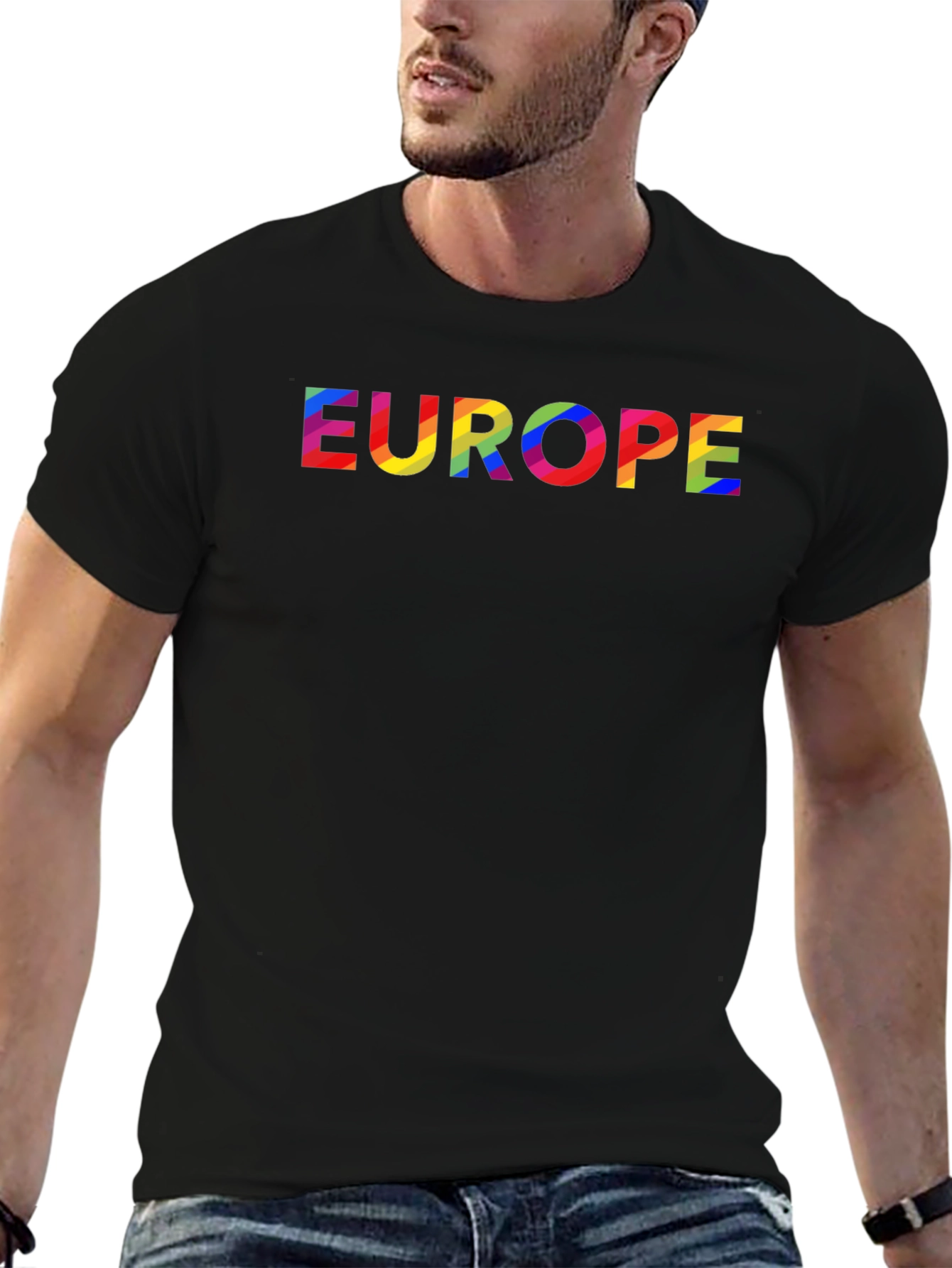 Black Europe Rainbow Text Black T-Shirt view 6