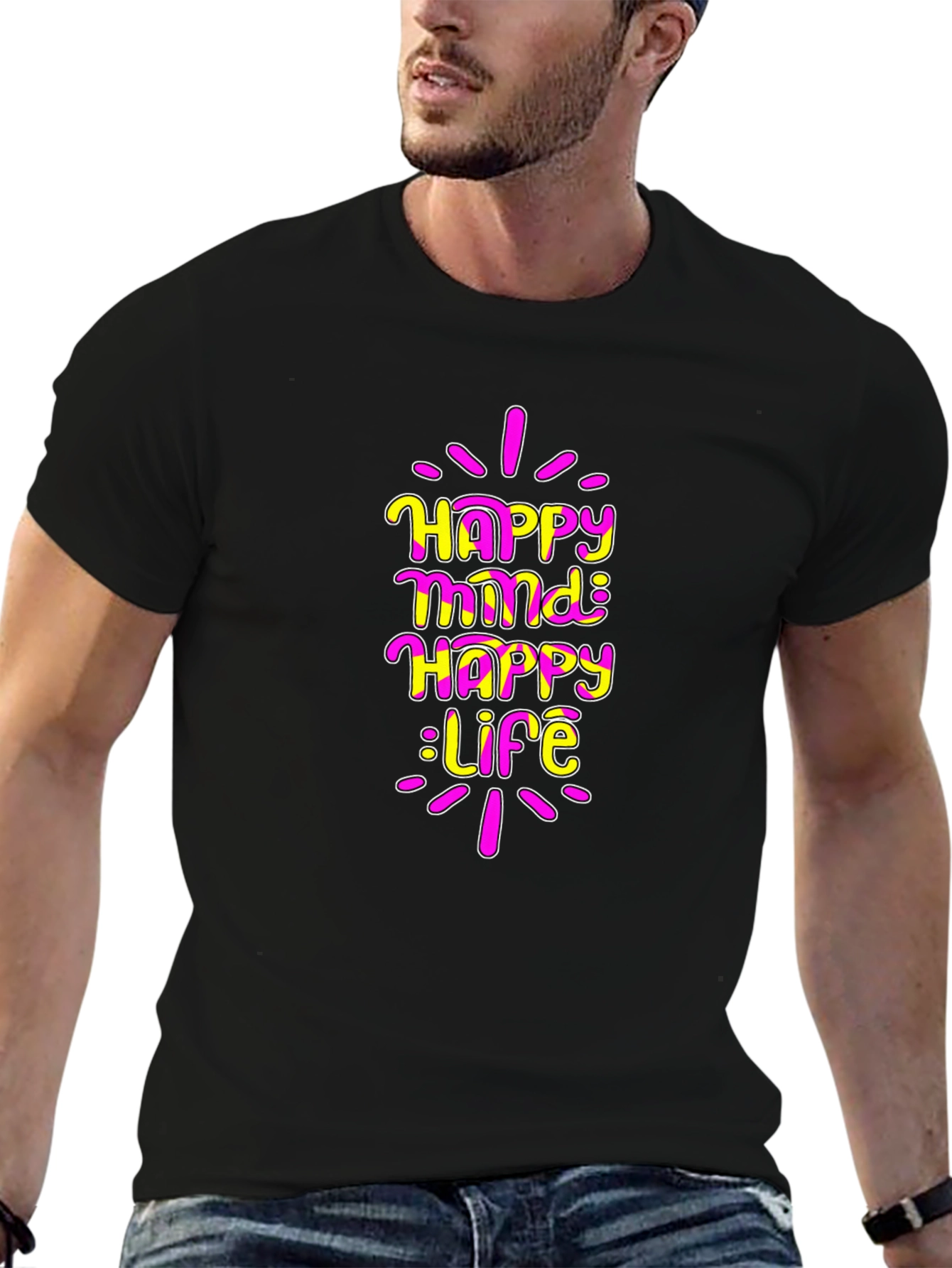 Black Happy Mind Happy Life Graphic T-Shirt view 6
