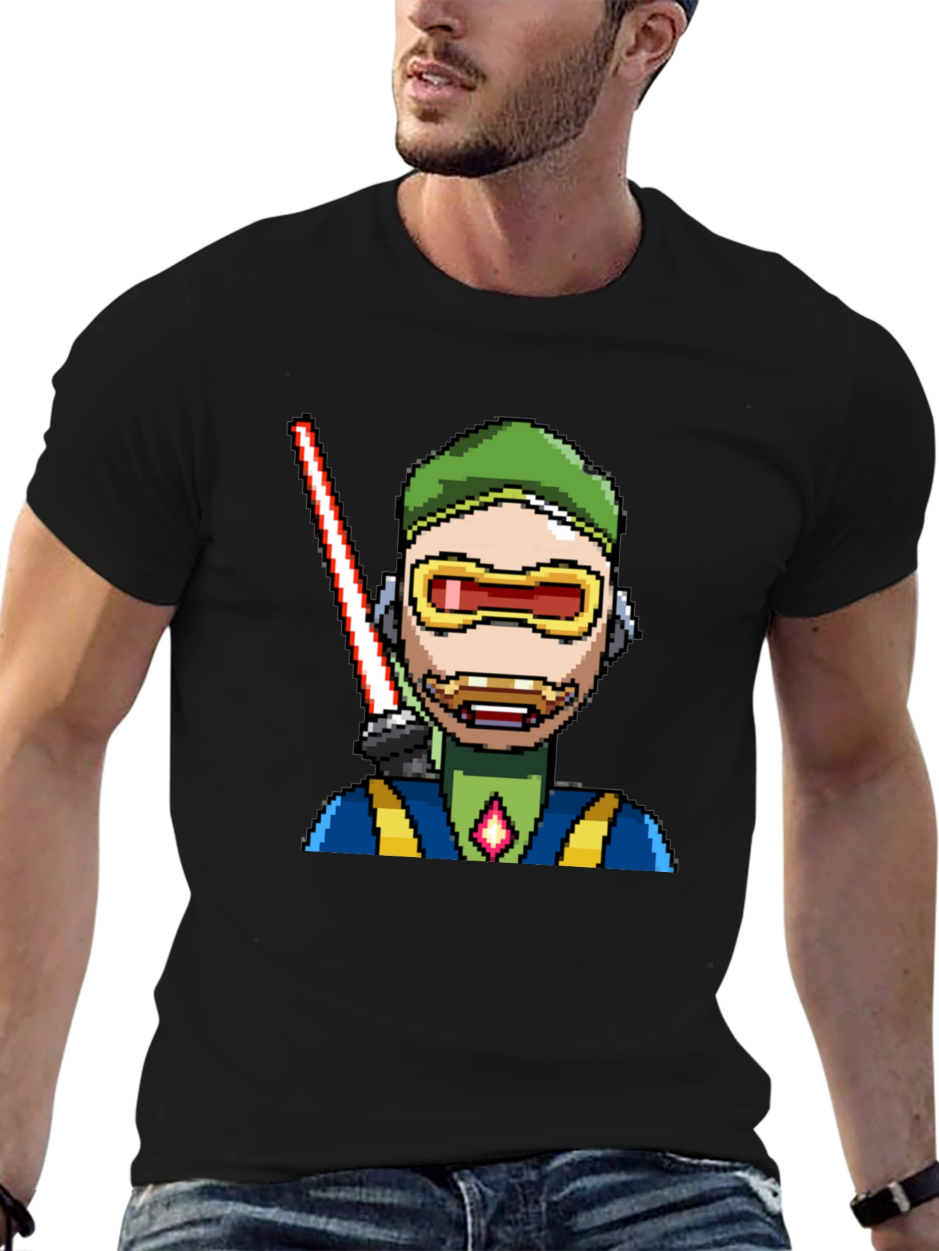 Black Pixel Art Sci-Fi Character Black T-Shirt view 6