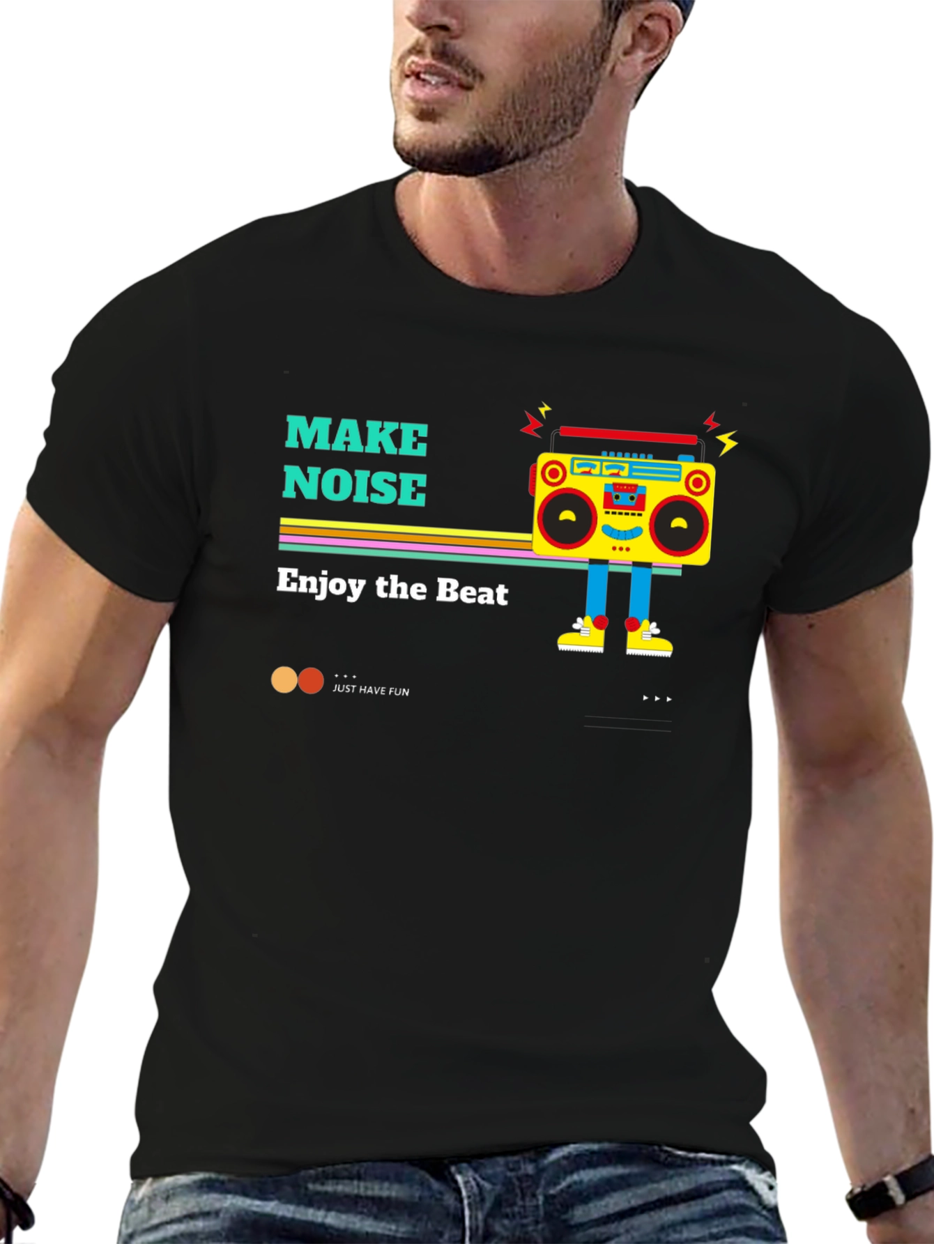 Black Retro Boombox Graphic Tee - Make Noise, Enjoy the Beat view 6