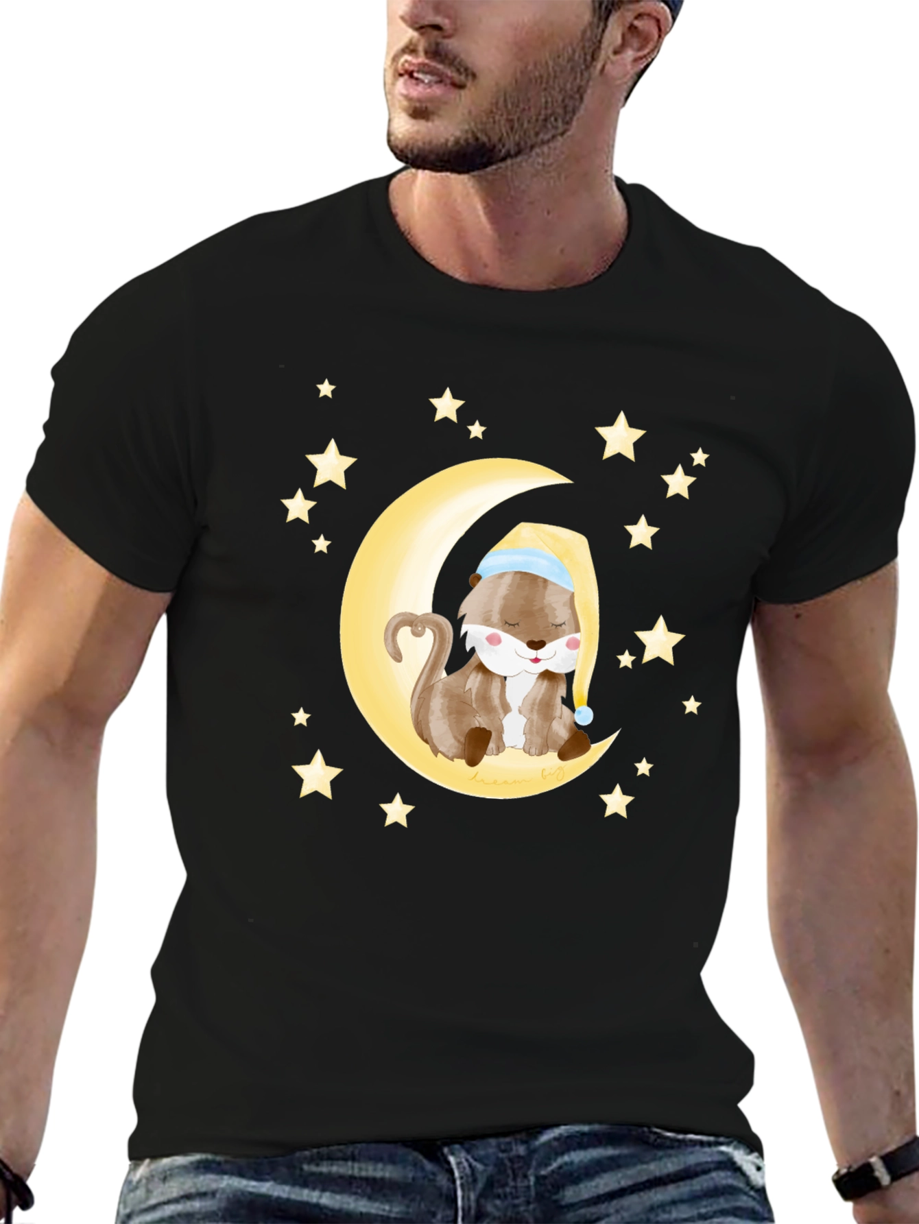 Black Otter Sleeping on Moon Graphic Tee - Black Cotton view 6