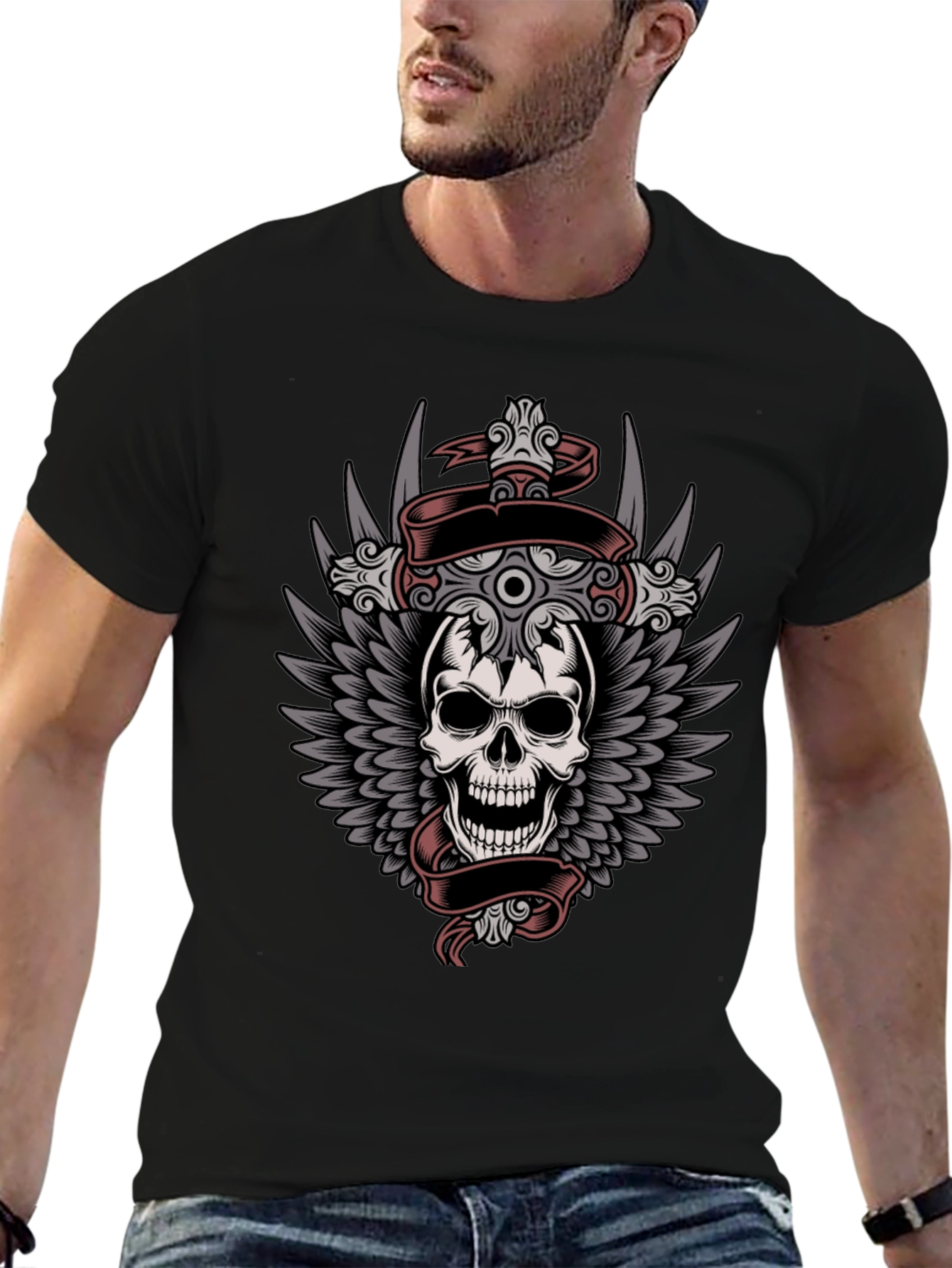 Black Skull & Wings Graphic Tee - Men's Black T-Shirt view 6