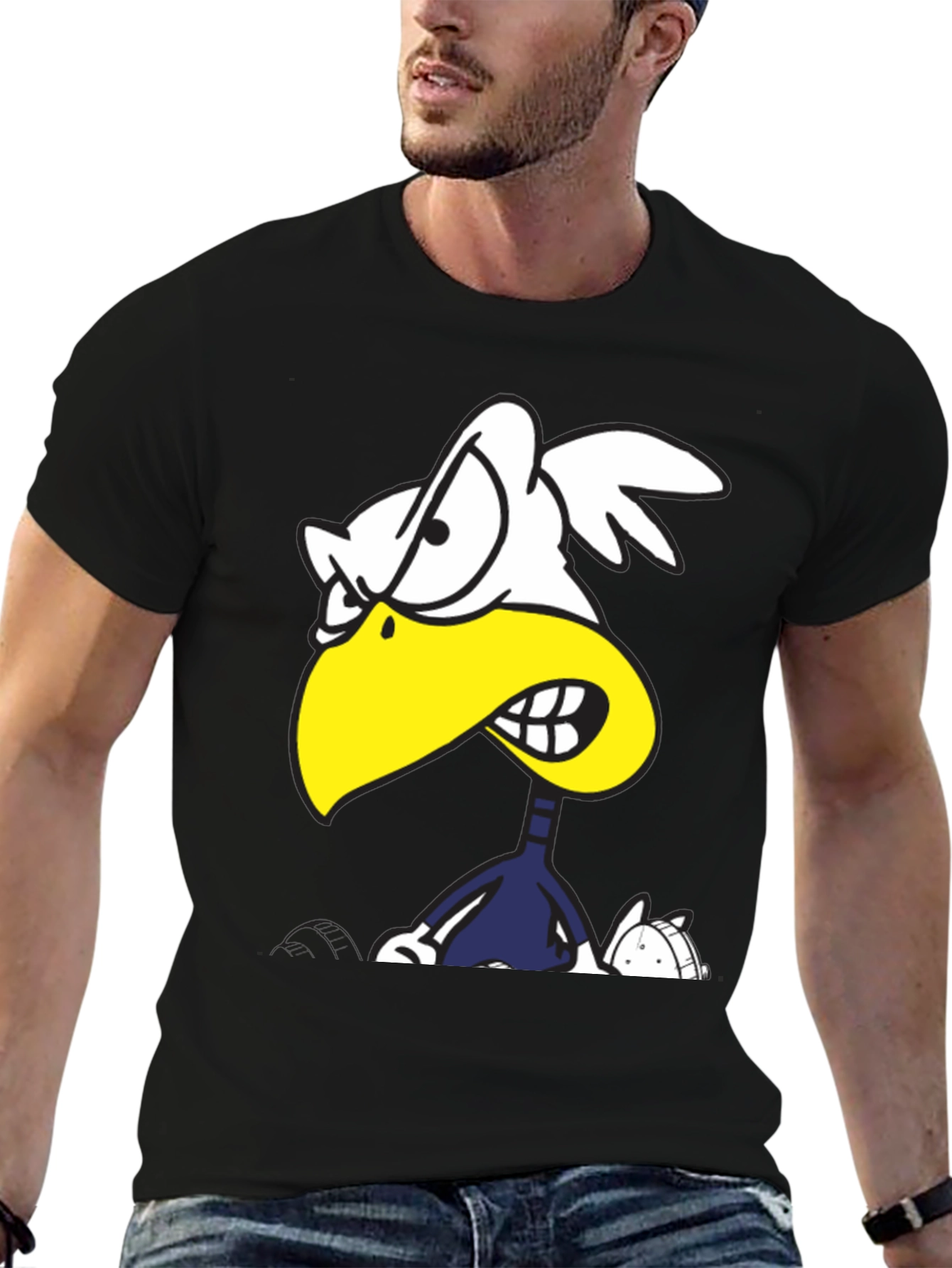 Black Angry Cartoon Bird Graphic Tee - Black Cotton T-Shirt view 6