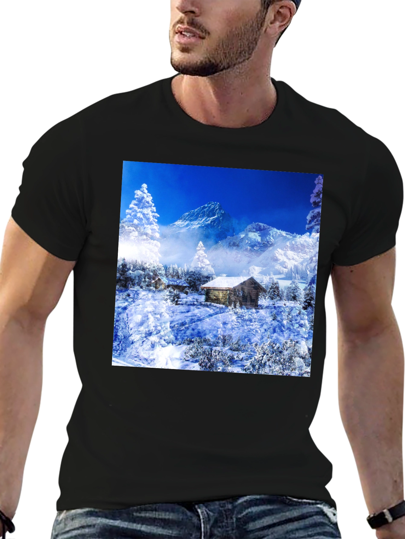 Black Winter Cabin T-Shirt: Mountain Scenery Tee view 6