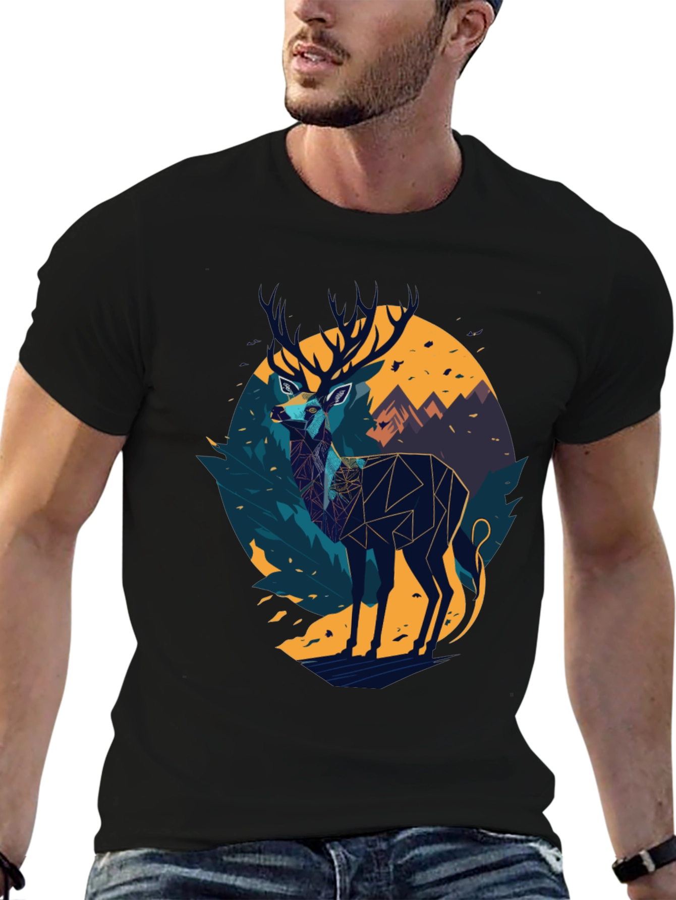 Black Geometric Deer Graphic Black T-Shirt view 6