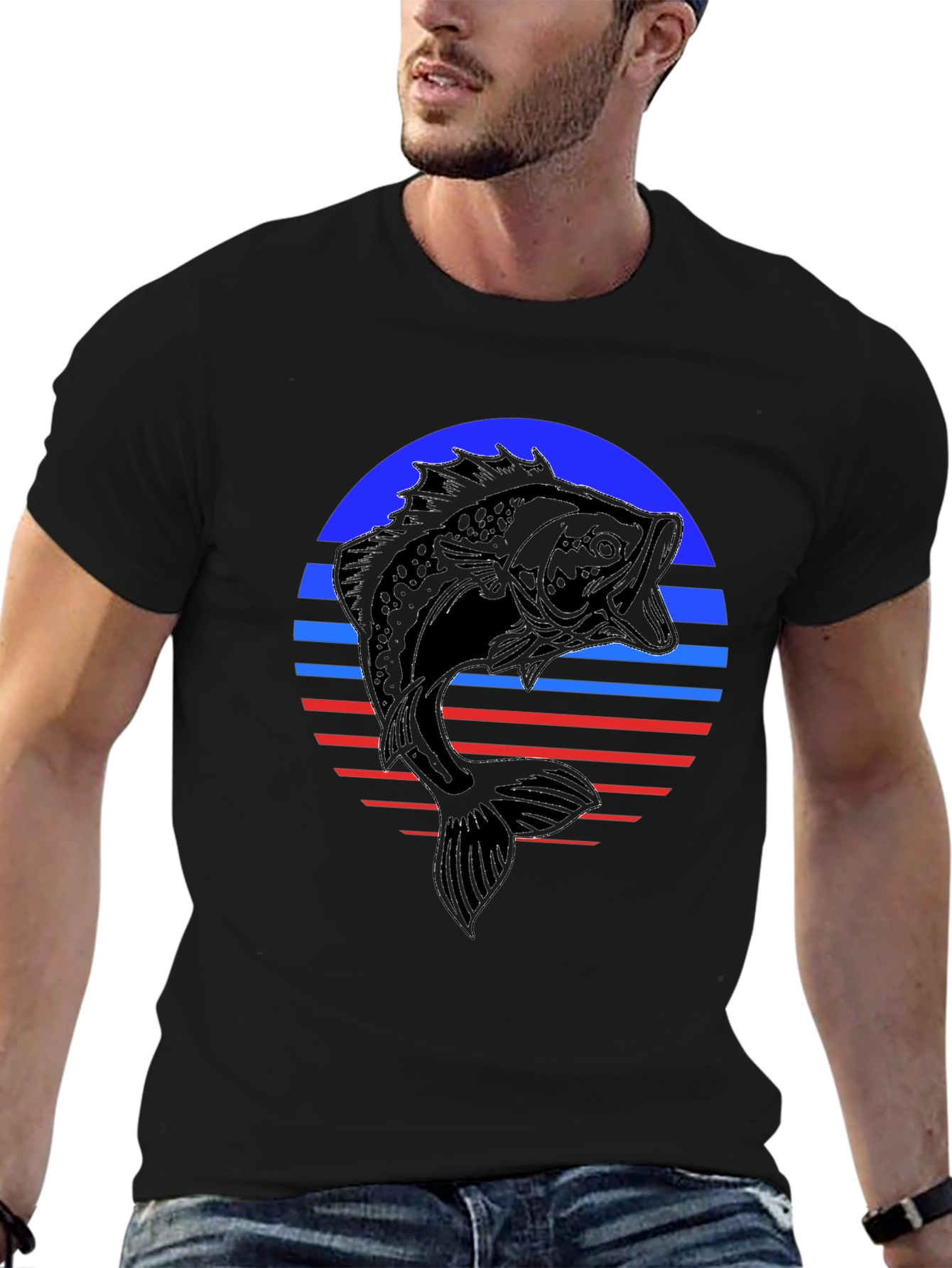 Black Retro Bass Fishing T-Shirt view 6
