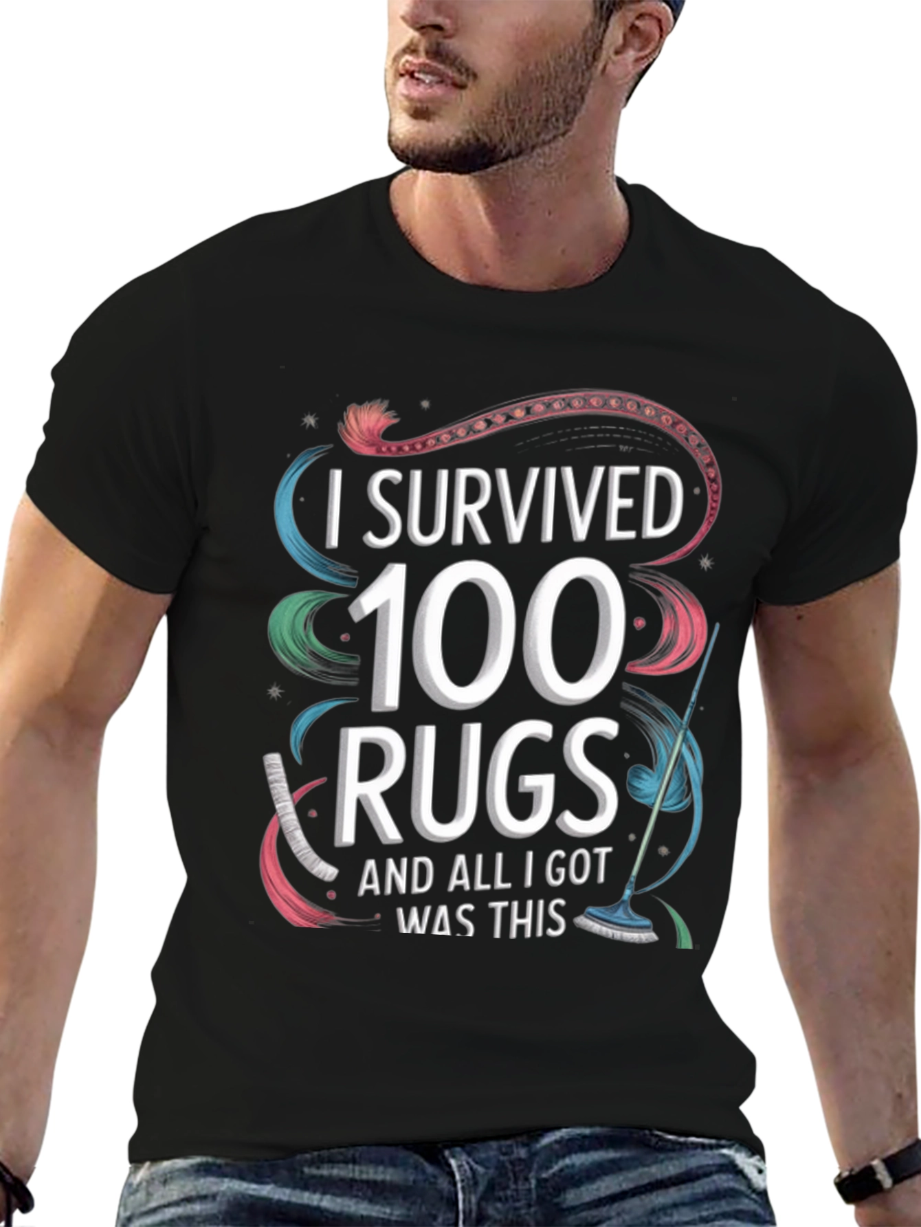 Black I Survived 100 Rugs T-Shirt Funny Cleaning Tee view 6