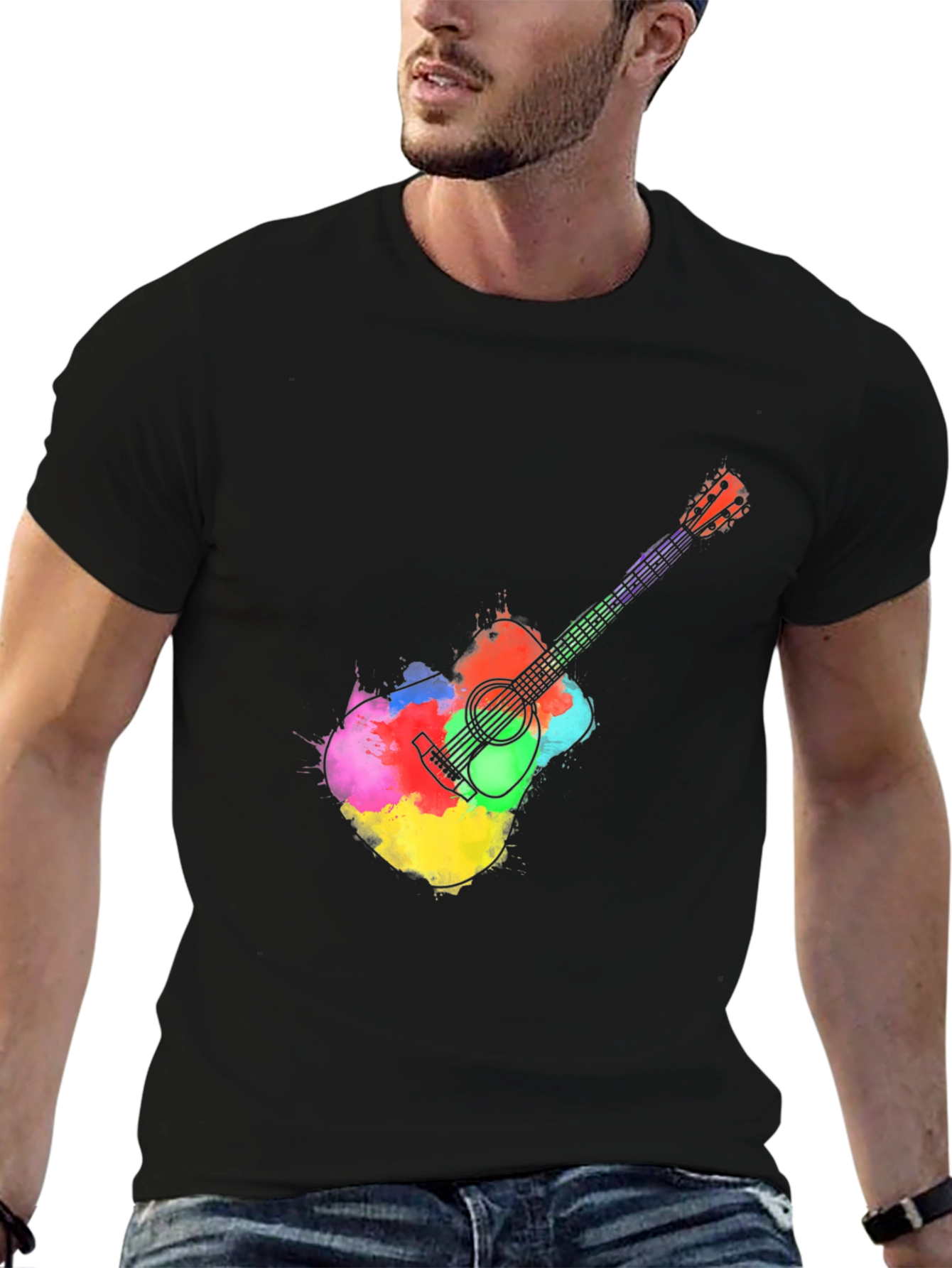 Black Watercolor Guitar Graphic Tee - Black T-Shirt view 6