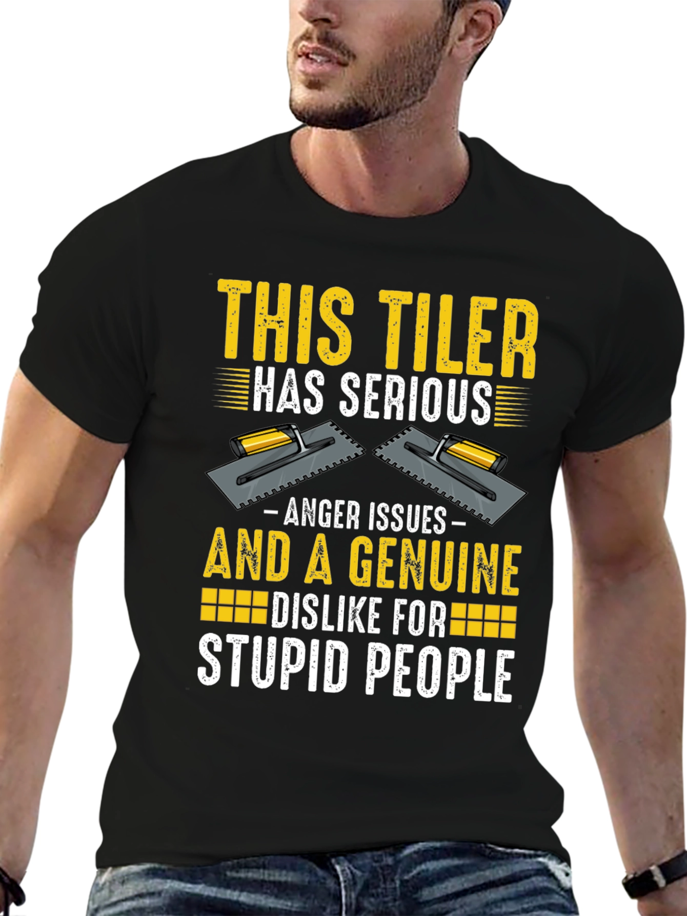 Black Funny Tiler T-Shirt - Anger Issues & Stupid People view 6