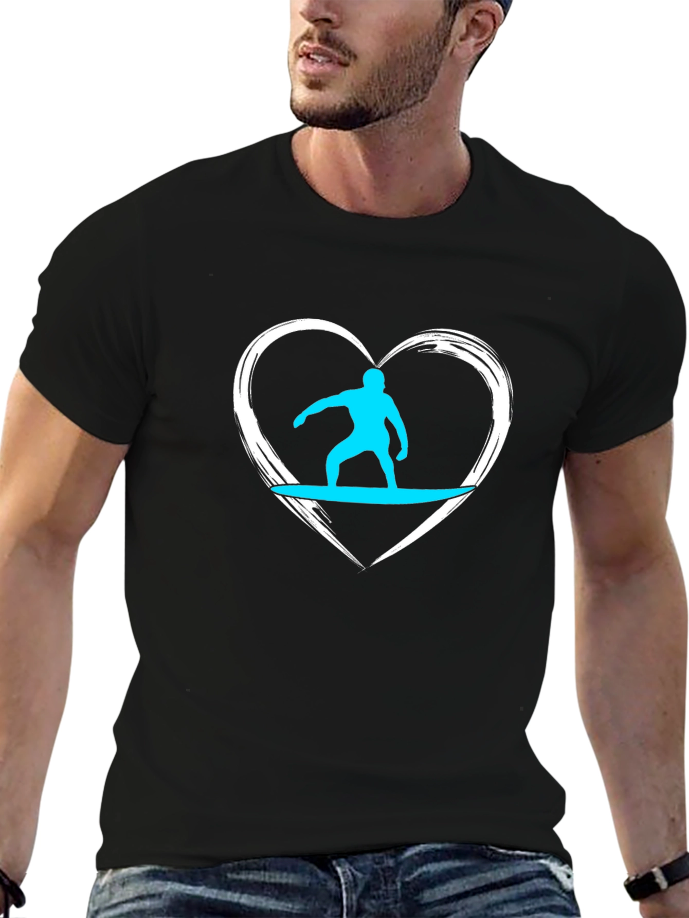Surfer Heart Graphic Tee - Black Cotton Casual T-Shirt - 6