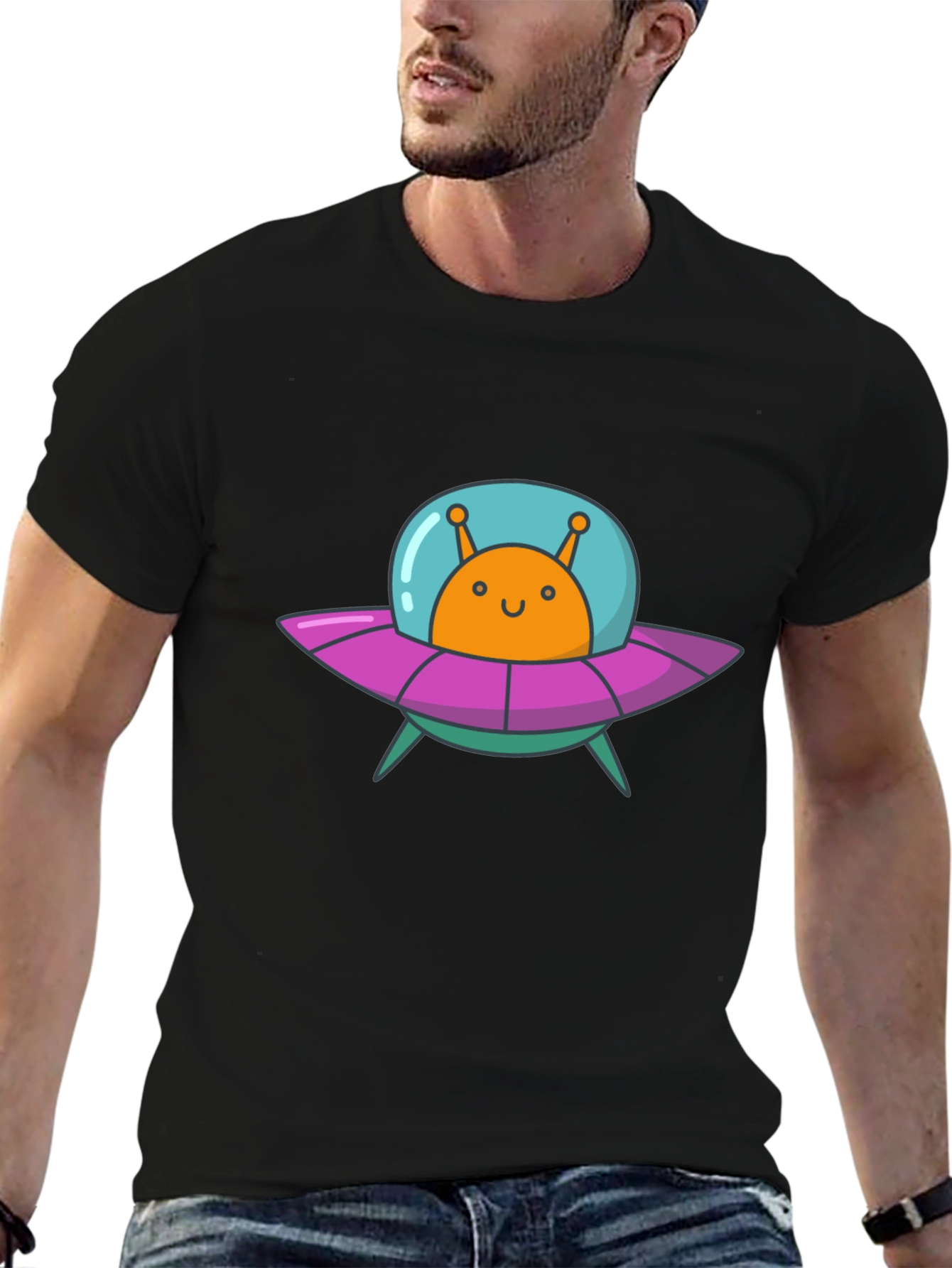 Black Alien UFO Graphic Tee - Black Cotton T-Shirt view 6
