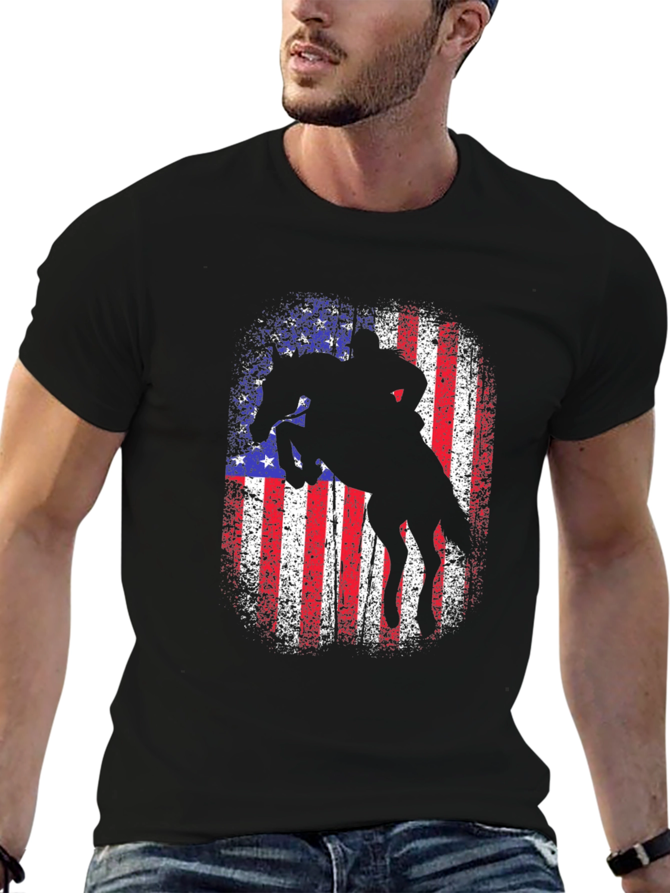 Black American Rodeo T-Shirt - Patriotic Rider Design view 6