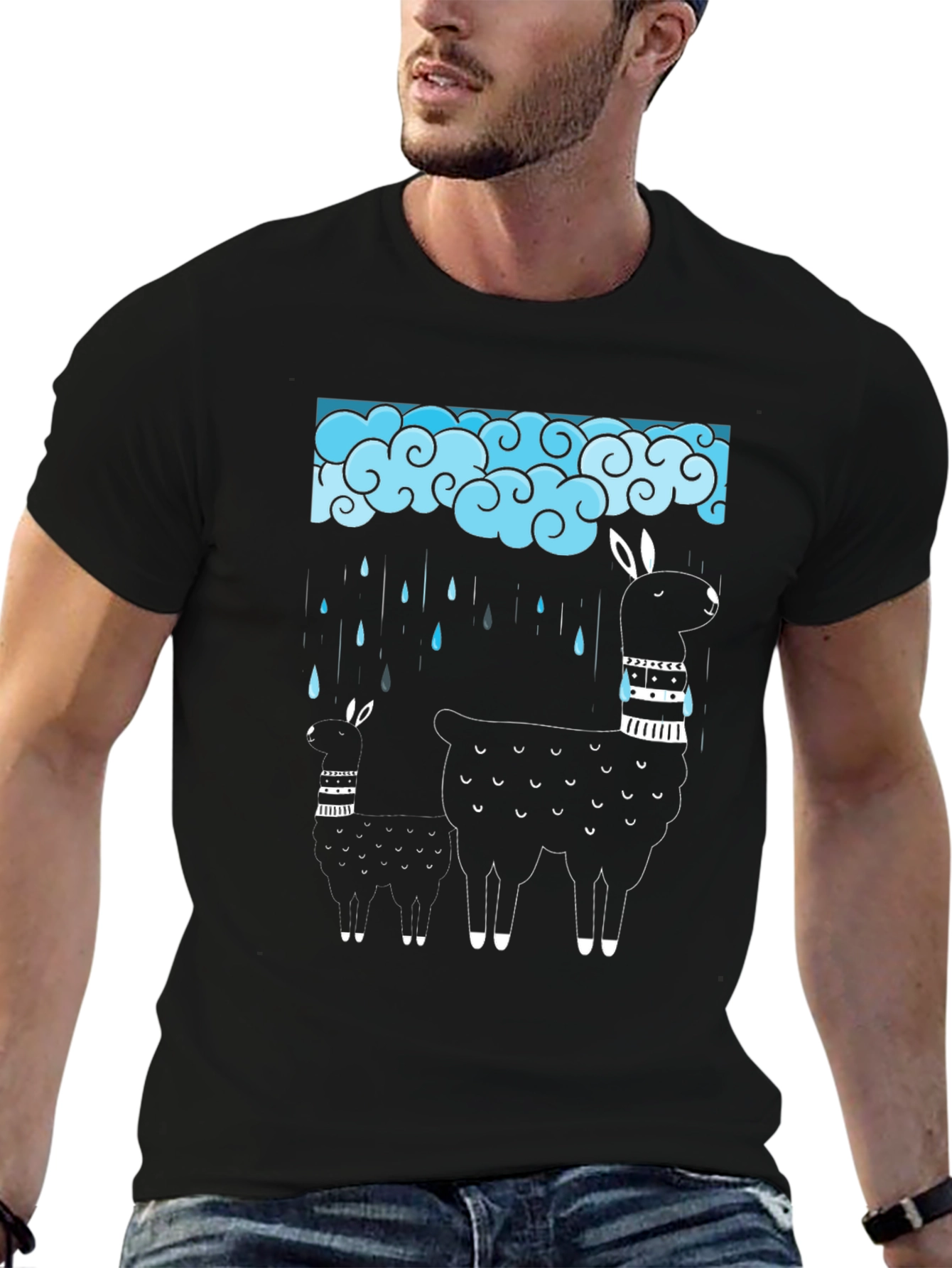 Black Llama Rain Cloud Graphic Tee - Black Cotton T-Shirt view 6