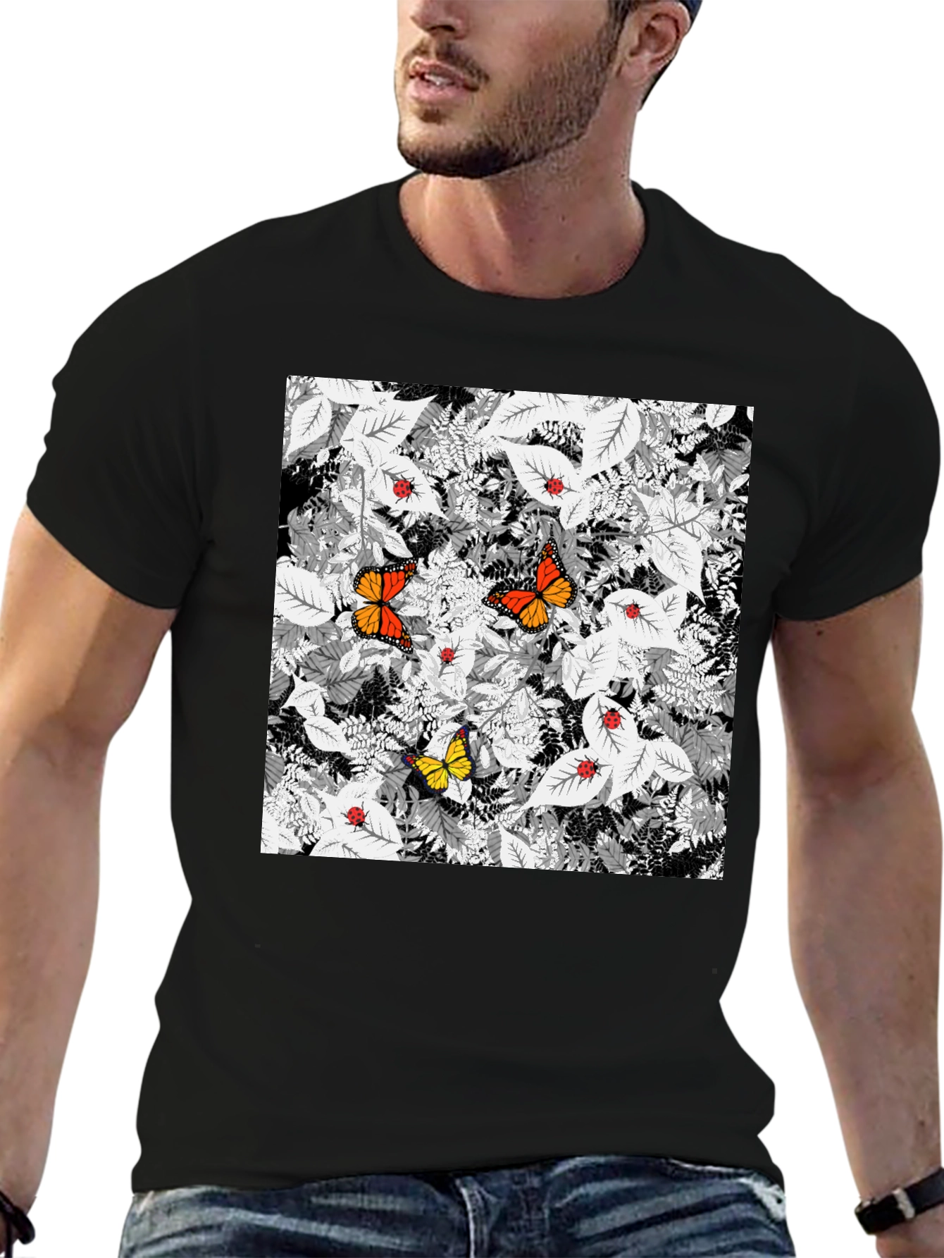 Black Butterfly & Ladybug Graphic Print Black T-Shirt view 6