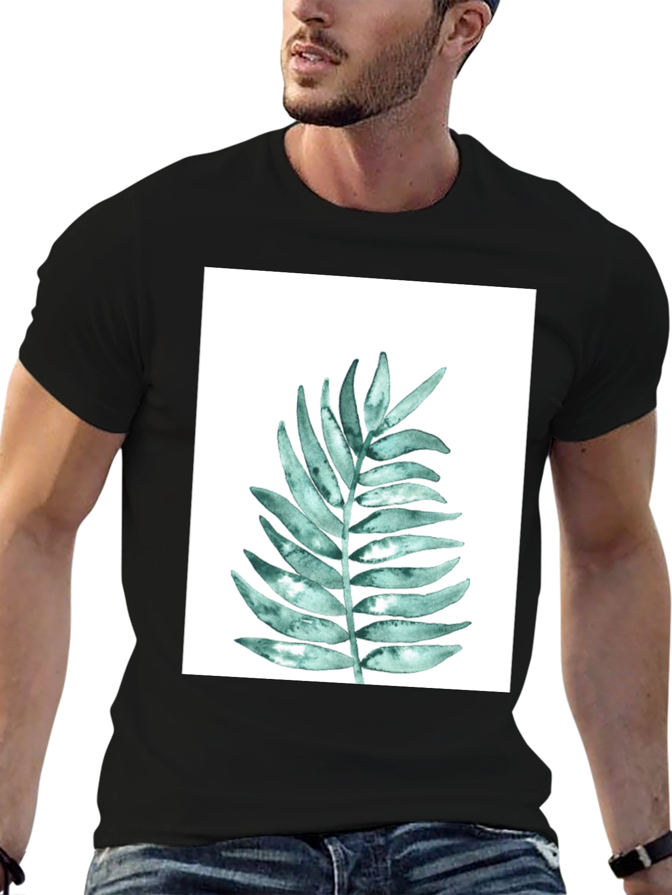 Black Botanical Leaf Print Black T-Shirt view 6
