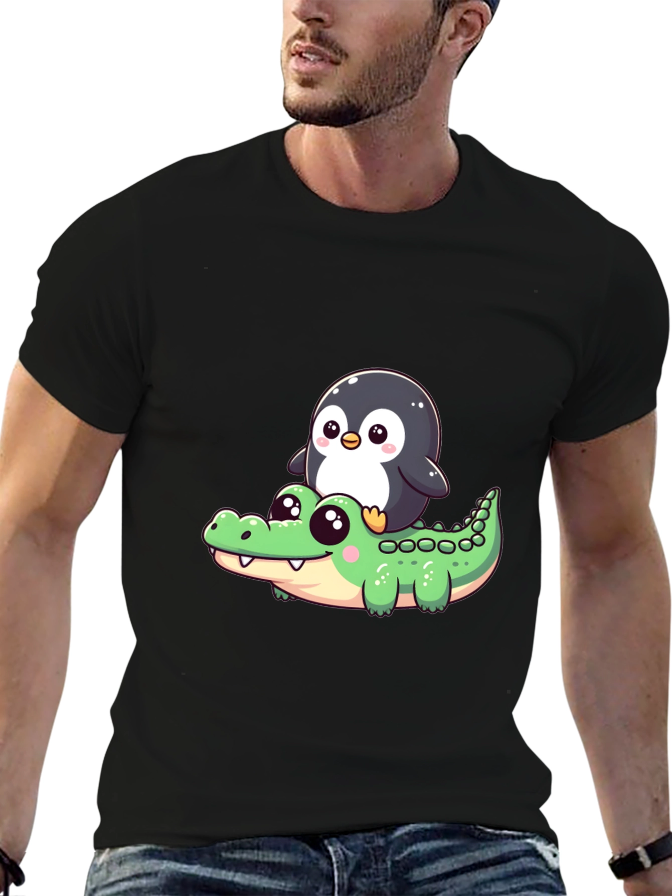 Black Cute Penguin Riding Alligator Graphic Tee - Black view 6