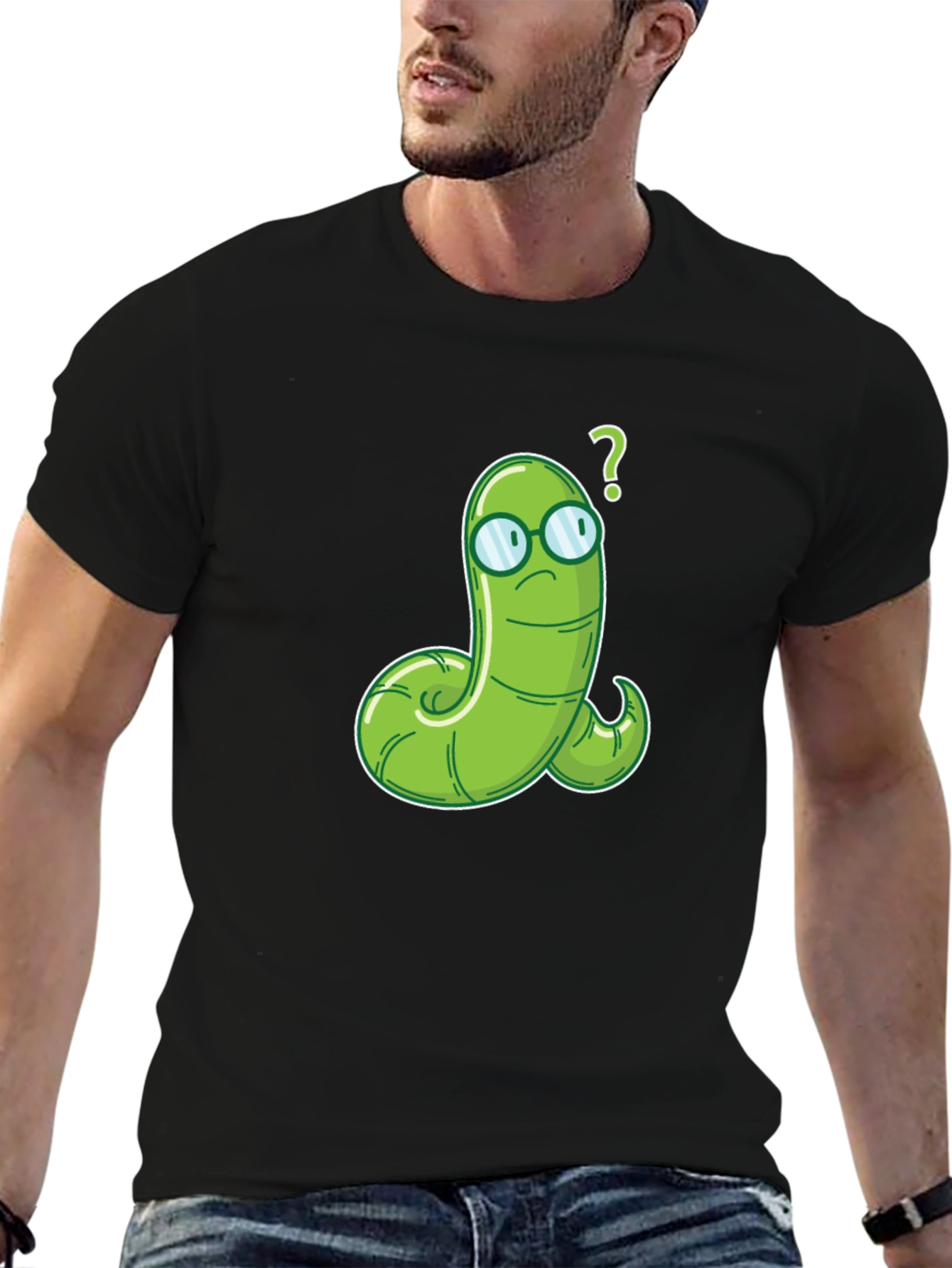 Black Worm with Glasses Graphic Tee - Funny Cartoon T-Shirt view 6