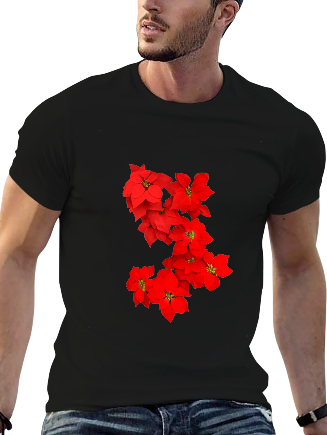 Black Red Floral Print Black T-Shirt for Men view 6