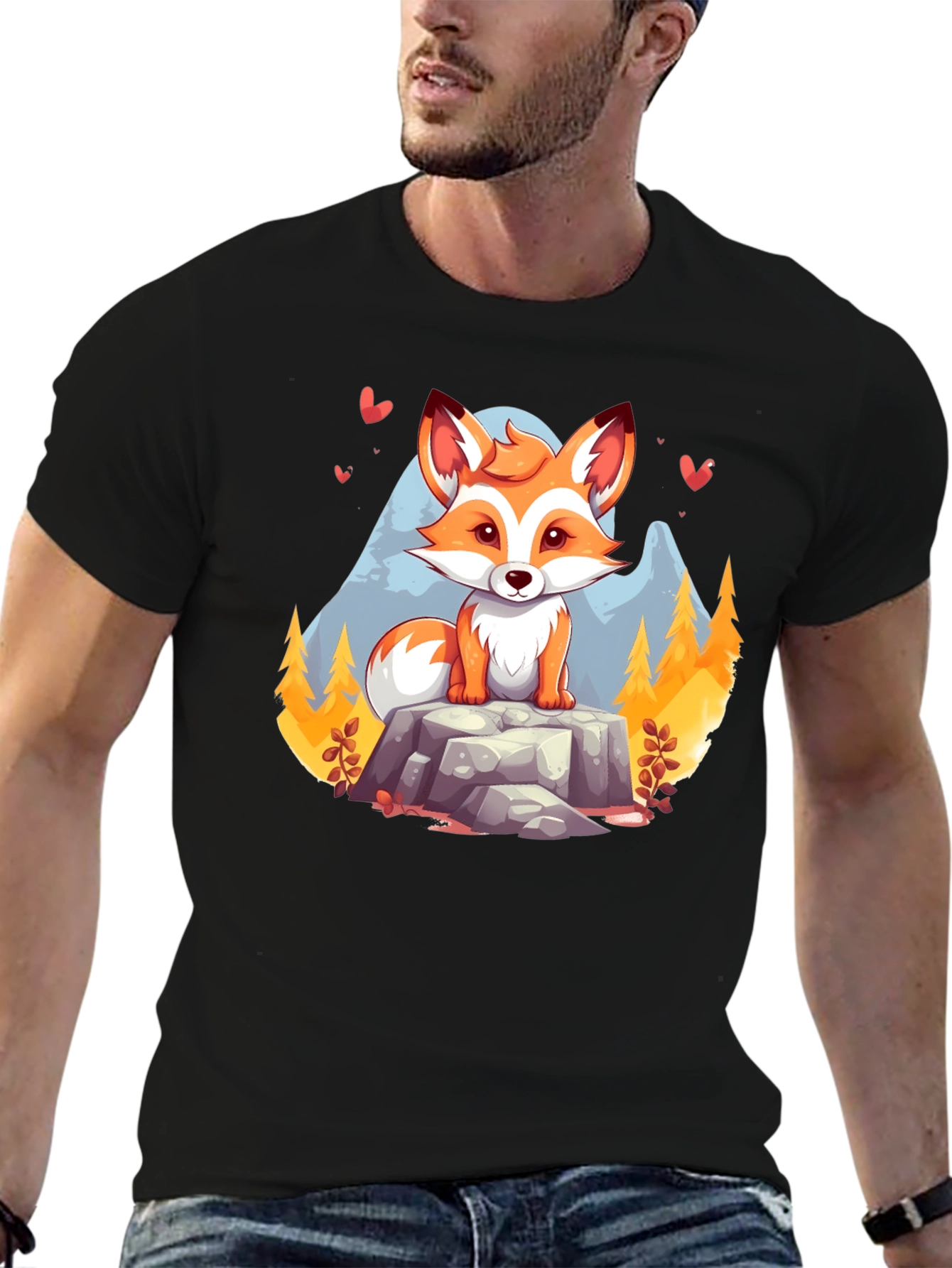 Black Cute Cartoon Fox on Rock Graphic Tee - Unisex Black T-Shirt view 6